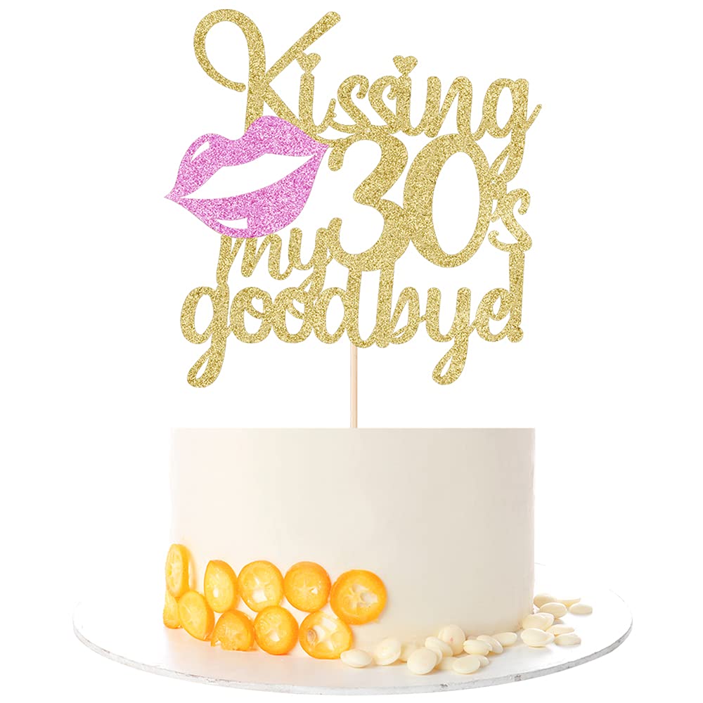 Kaoenla 30th Birthday Cake Topper - Gold 'Kissing My 30's Goodbye' Cake Decorations for Women, Cheers to 30 Years Anniversary Party Supplies - Perfect for Birthday Celebrations, Milestone Parties & Adult Theme Cakes
