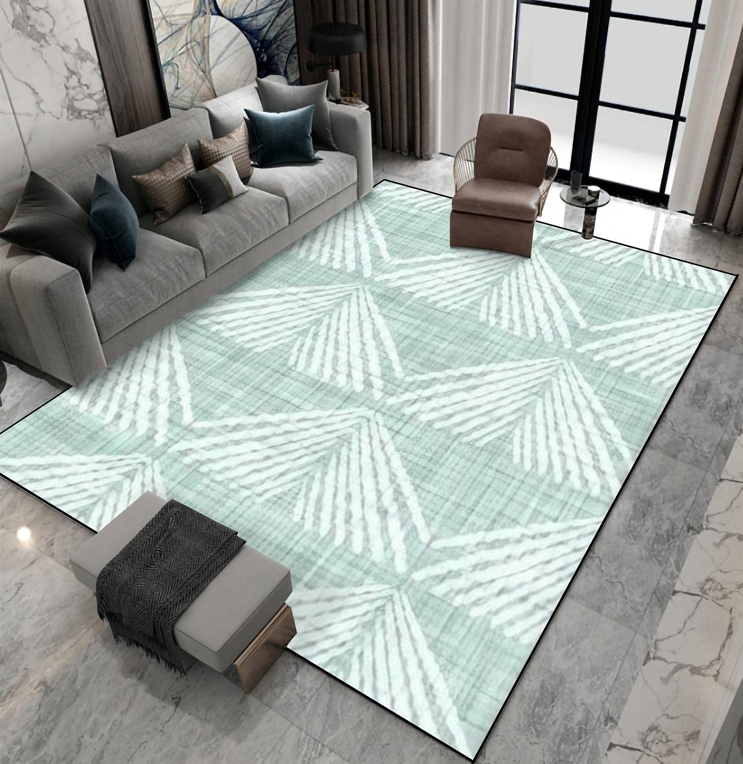 Non-Slip Area Rug - Aegean Teal Geo Pattern Linen Texture Floor Mat for Living Room, Bedroom & Outdoor Use | Indoor/Outdoor Carpet Runner, Yoga Mat, Patio Decor & Kids Room Decor
