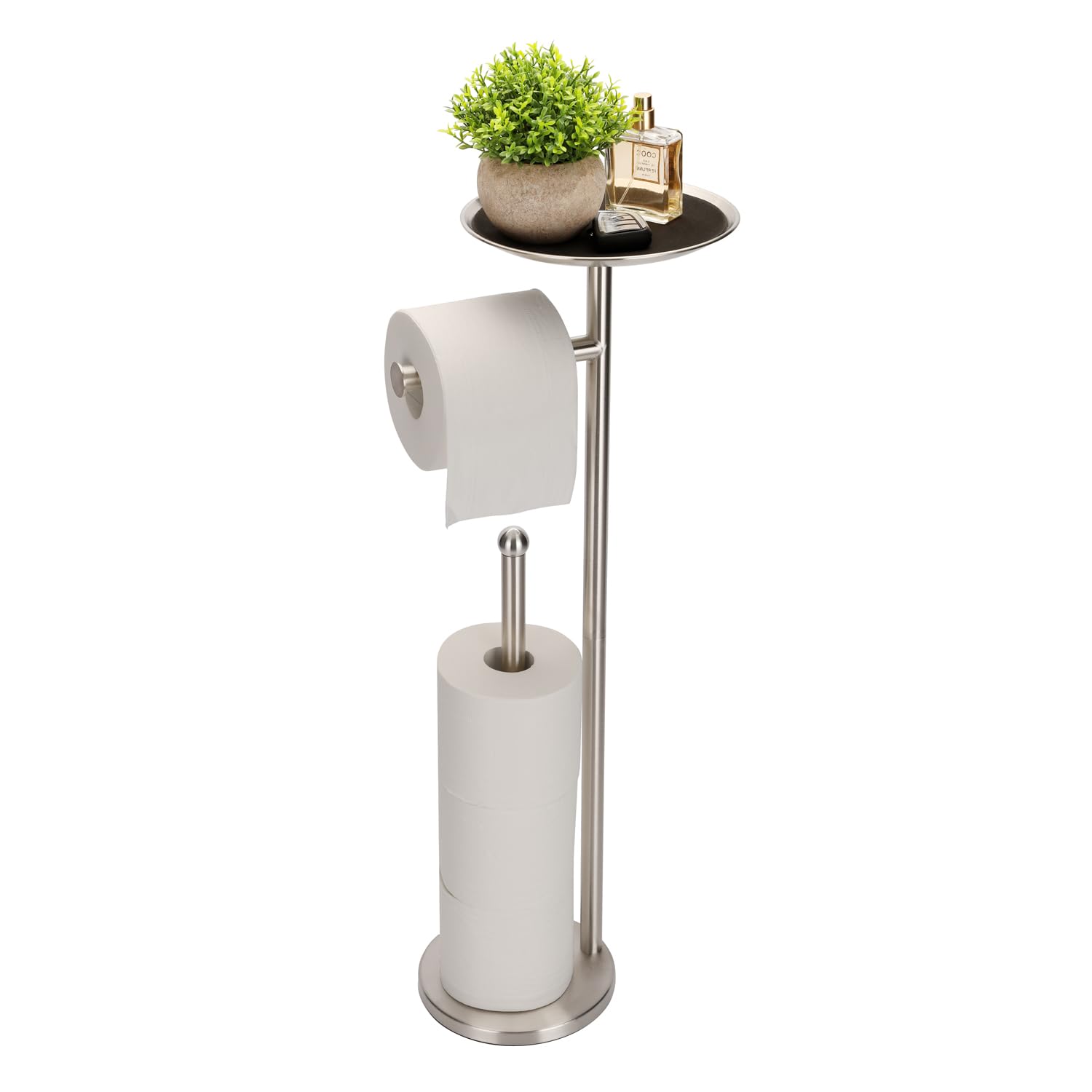 Freestanding Toilet Paper Holder Stand with Shelf & Storage - Brushed Nickel Bathroom Organizer for Home, Office, or RV Use