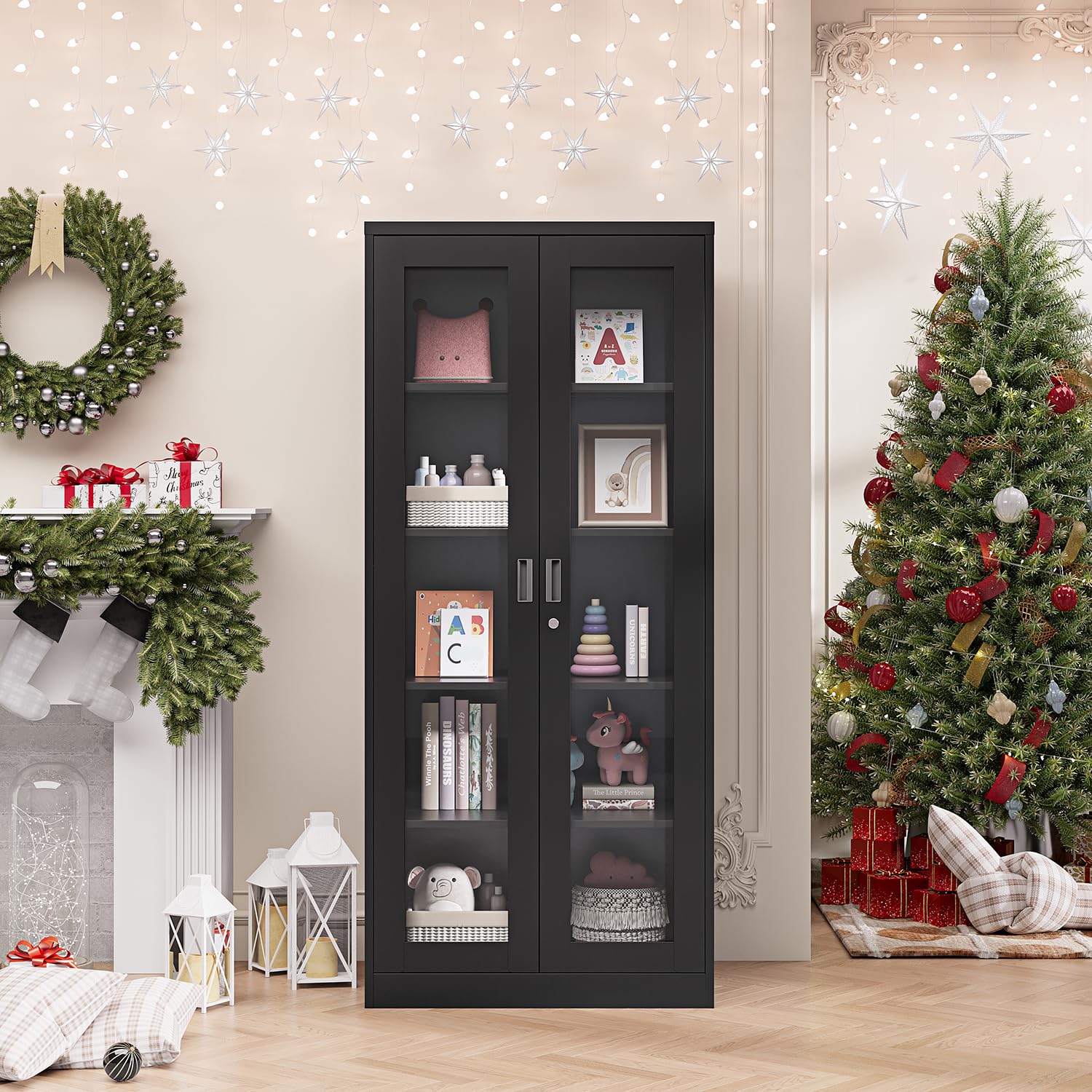 5-Tier Tall Bookcase Storage Cabinet with Tempered Glass Door & 4 Adjustable Shelves - Metal Display Curio Cabinet for Liquor, Books & Collectibles - Perfect for Home, Study, Living Room & Office Decor (Black)