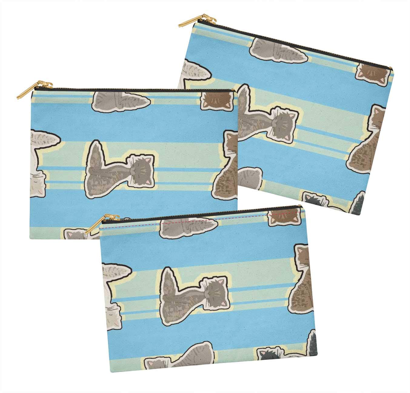 Blue Cat Stripe Printed Cosmetic Bag Set of 3 - 6 x 8 Inch Makeup Pouch & Toiletry Organizer for Travel, Gym, and Daily Essentials Storage