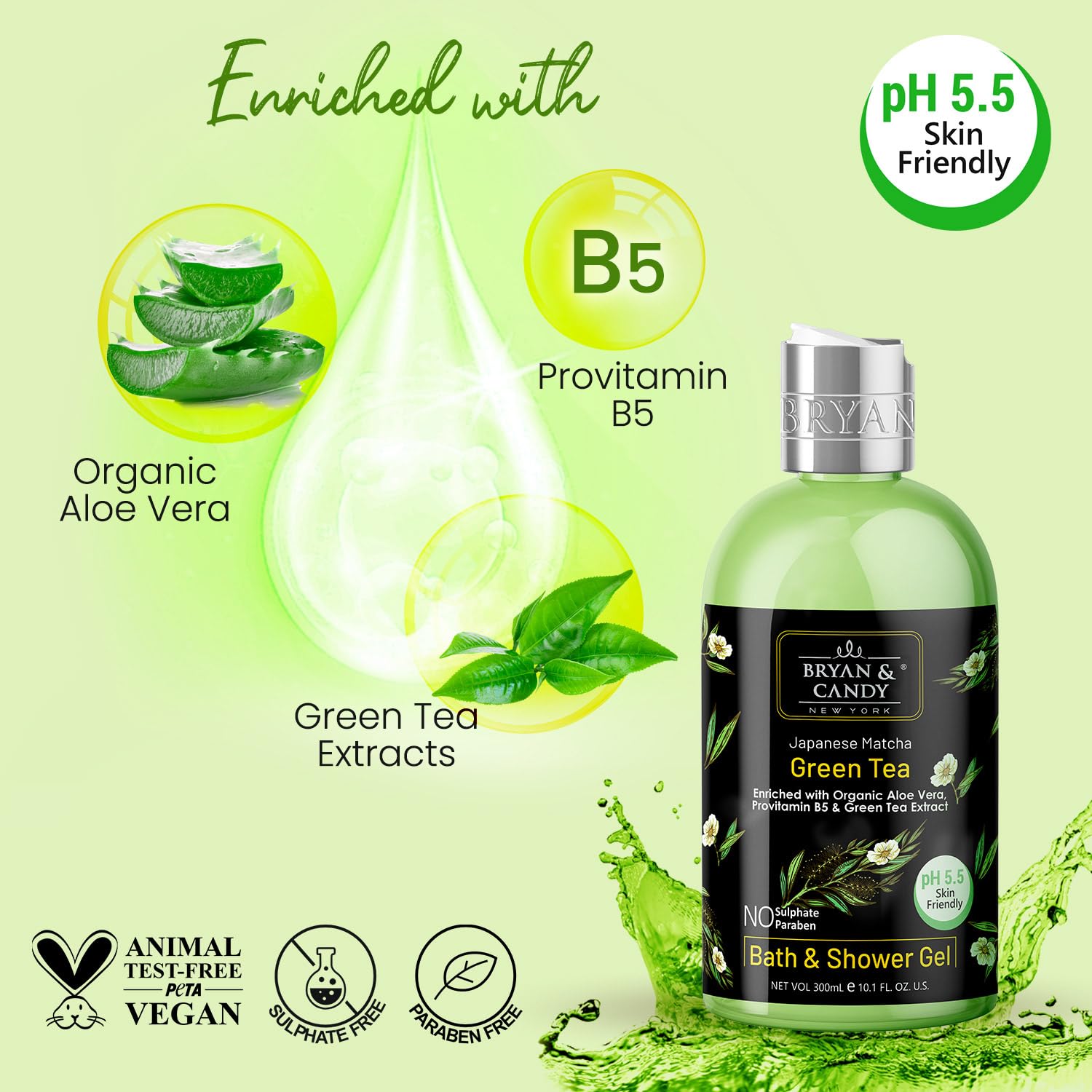 Bryan & Candy Green Tea & Aloe Vera Shower Gel (300ml) - Gentle Moisturizing Body Wash for Soft Skin | Refreshing Daily Cleanser for Dry & Sensitive Skin | Perfect for Morning Energy Boost & Nighttime Relaxation