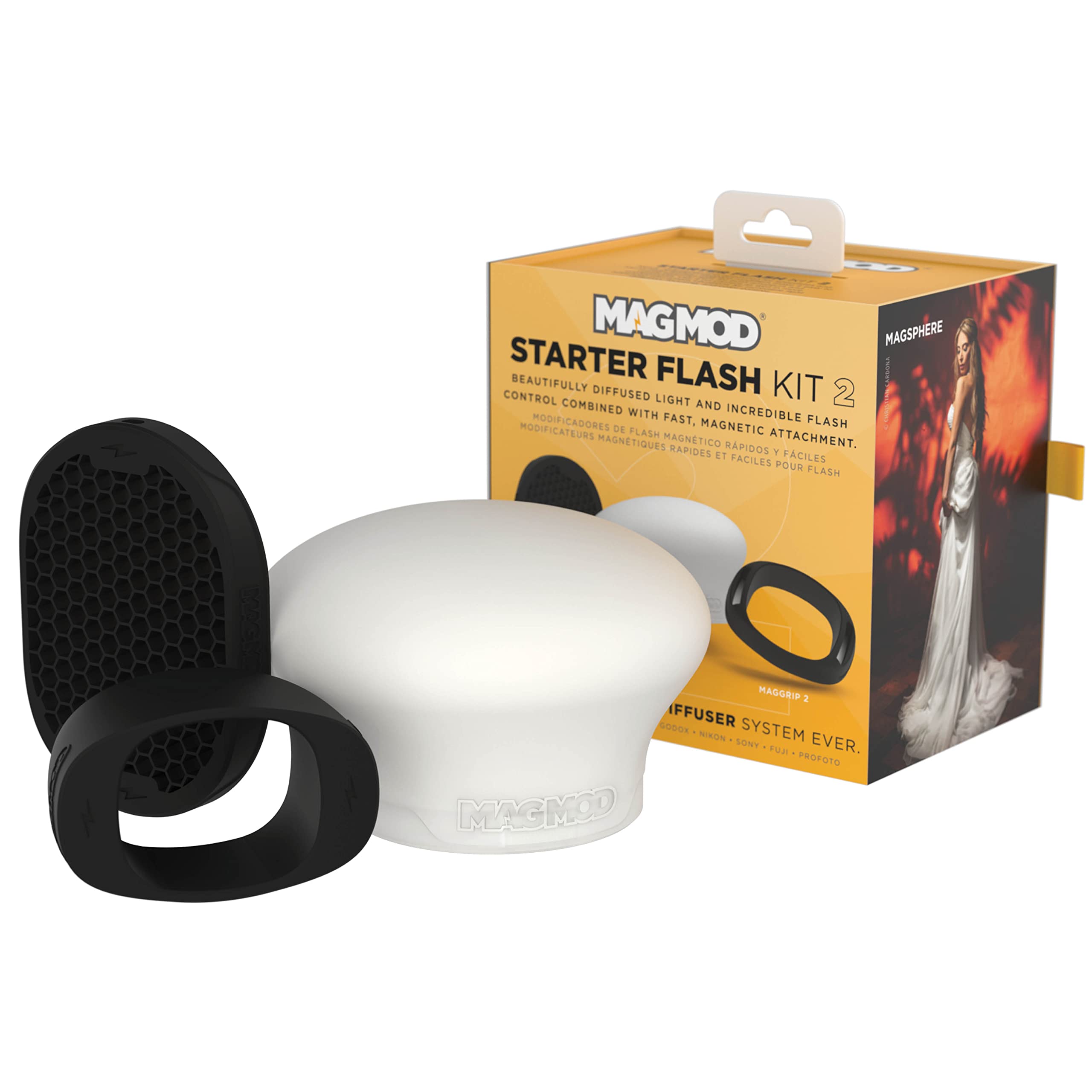 MagMod Starter Flash Kit 2 - Magnetic Camera Speedlight Diffuser & Light Modifier Set with MagGrip 2, MagSphere 2, MagGrid 2 | Superior Lighting Control for Professional Photography, Portraits & Studio Shoots | Perfect for Wedding, Event & Outdoor Photography