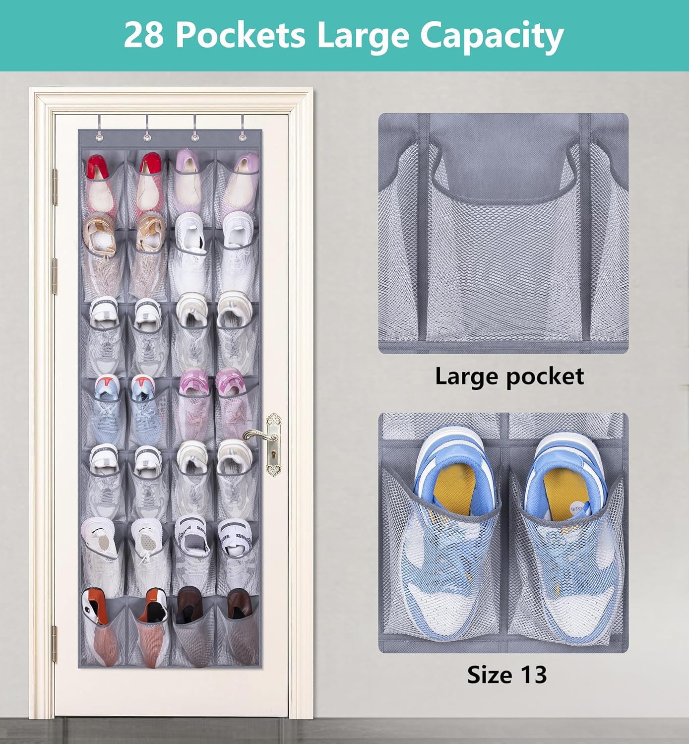MISSLO 28-Pocket Over The Door Hanging Shoe Organizer - Space Saving Mesh Shoe Storage for Closet, Bedroom & Entryway - Grey (Perfect for Small Spaces, Dorm Rooms & Apartment Organization)