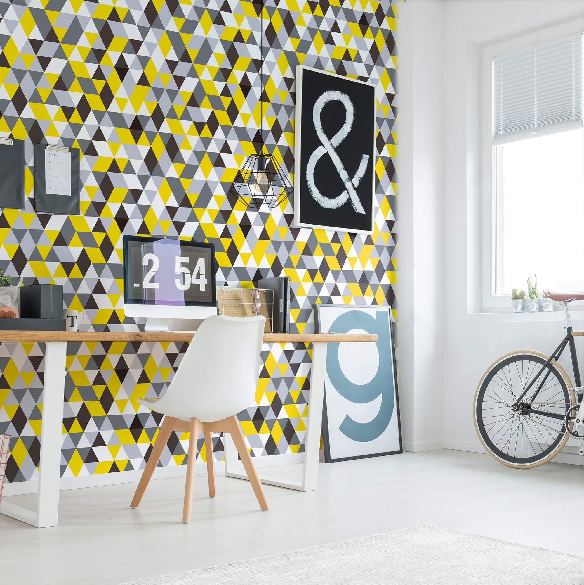Yellow and Grey Geometric Triangle Peel and Stick Removable Wallpaper - Self-Adhesive Decorative Wall Covering for Bedroom, Living Room, Nursery, or Office Decor