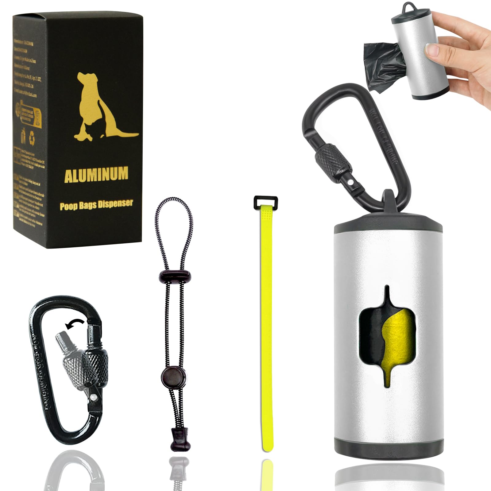Premium Aluminum Dog Poop Bag Holder with 15 Unscented Waste Bags & 3 Leash Accessories - Durable Metal Poop Bag Dispenser for Easy Cleanup During Walks, Hikes & Park Visits