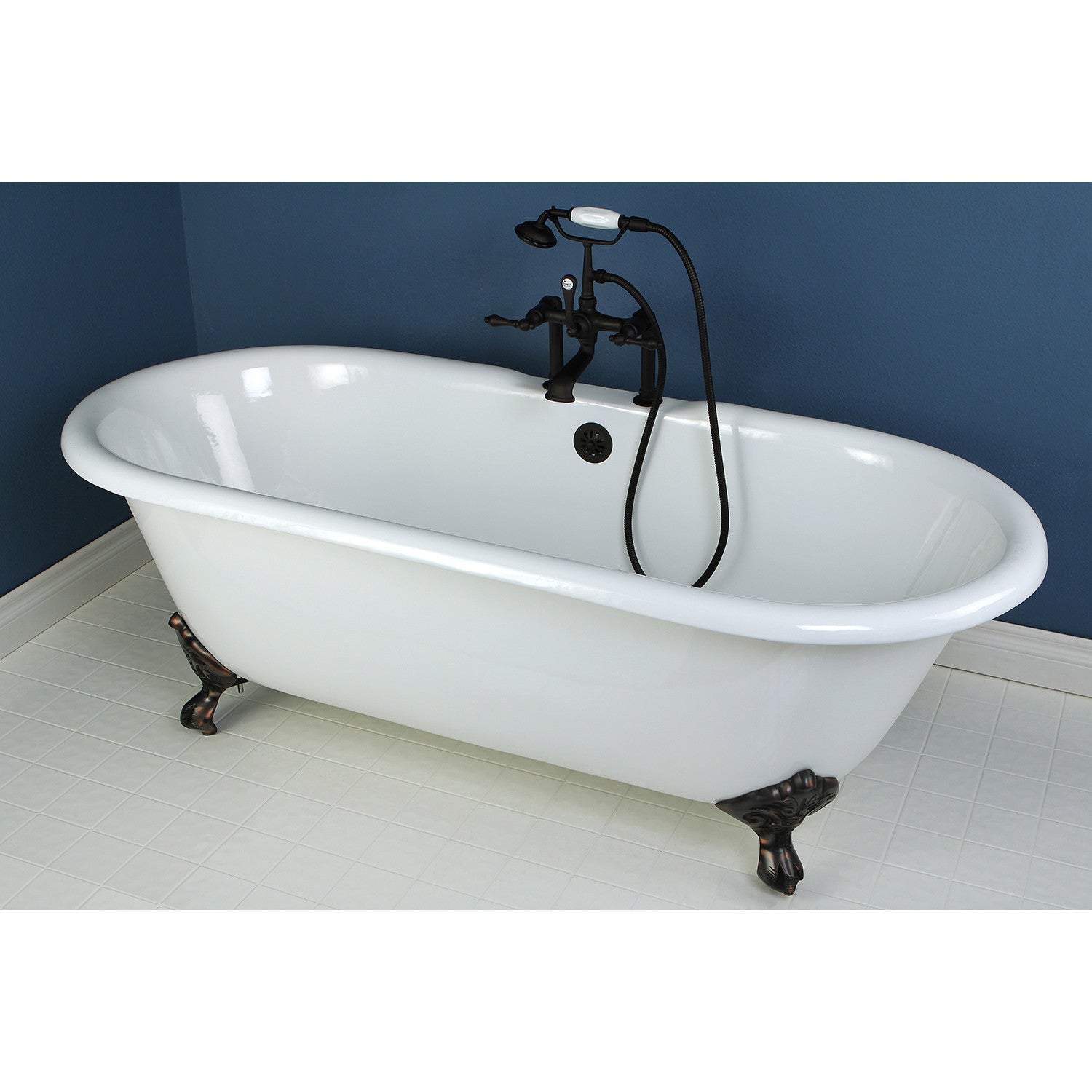 Aqua Eden 66 Inch White Cast Iron Clawfoot Bathtub with Oil Rubbed Bronze Feet - Double Ended Oval Soaking Tub (7 Inch Faucet Drillings) - Perfect for Vintage Bathroom & Luxury Spa Retreats