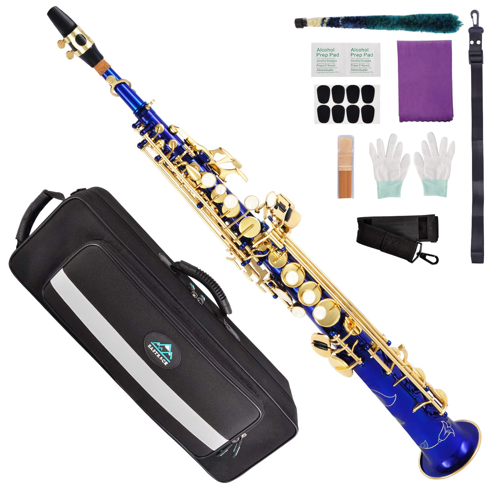 EASTROCK Bb Soprano Saxophone - Professional Straight Blue Sax for Beginners & Intermediate Players - Includes Carrying Case, Mouthpiece, Pads, Reed, Cleaning Kit, Neck Strap & White Gloves - Perfect for School Bands, Jazz Ensembles & Solo Practice