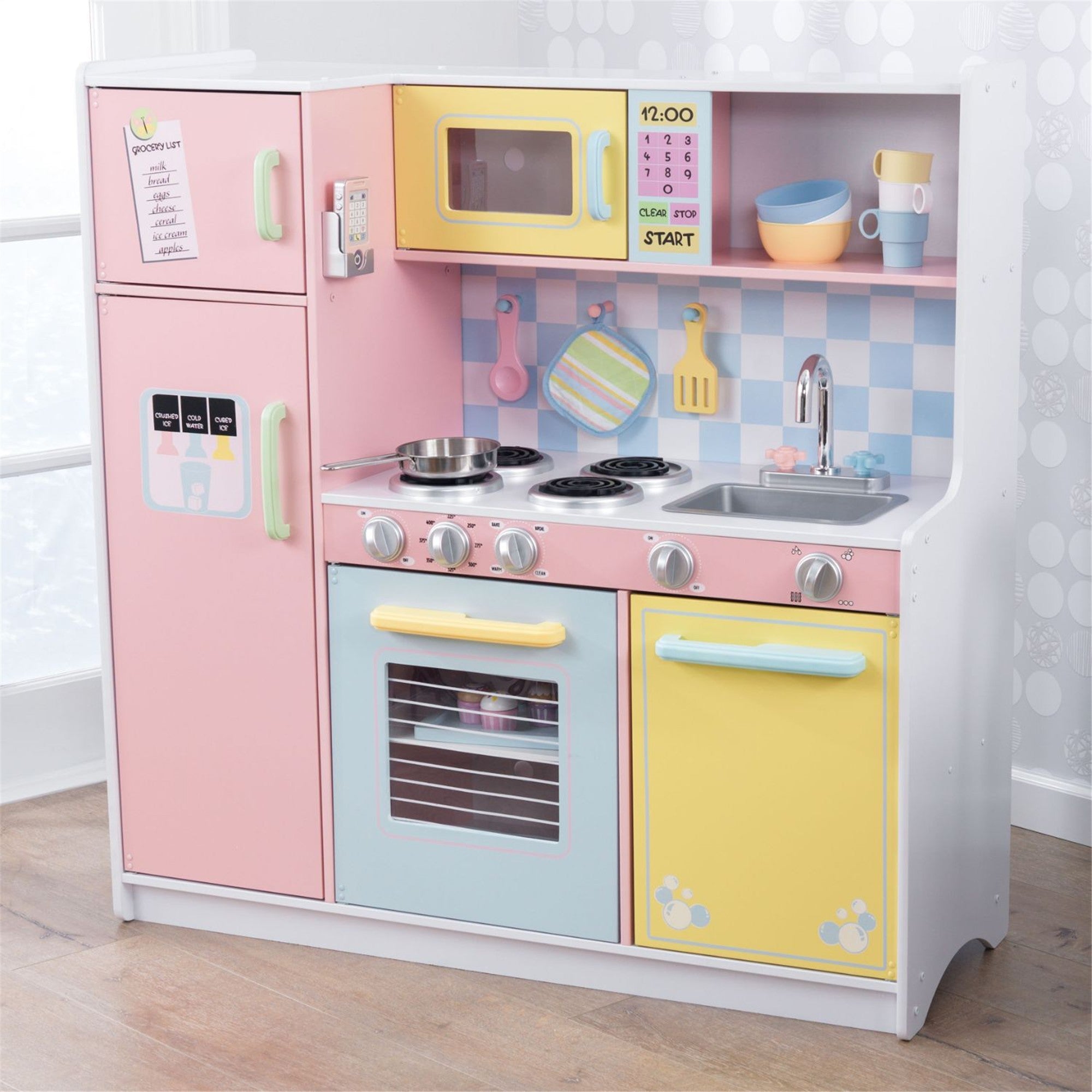 KidKraft Large Pastel Kitchen Playset - Pretend Play Wooden Toy Kitchen for Toddlers & Kids - Perfect for Home, Preschool & Daycare Playrooms