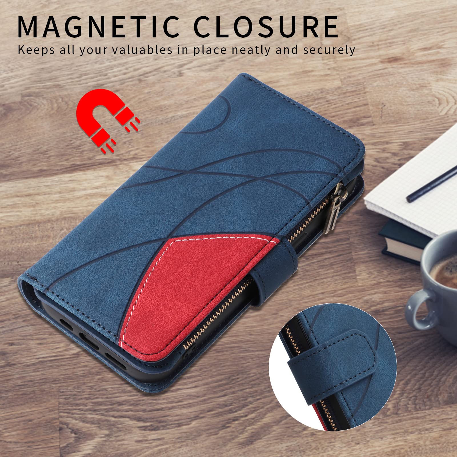 XYX PU Leather Flip Wallet Case for Xiaomi Poco X3 NFC - Zipper Purse with 9 Card Slots & Wrist Strap, Blue | Perfect for Business, Travel & Daily Use