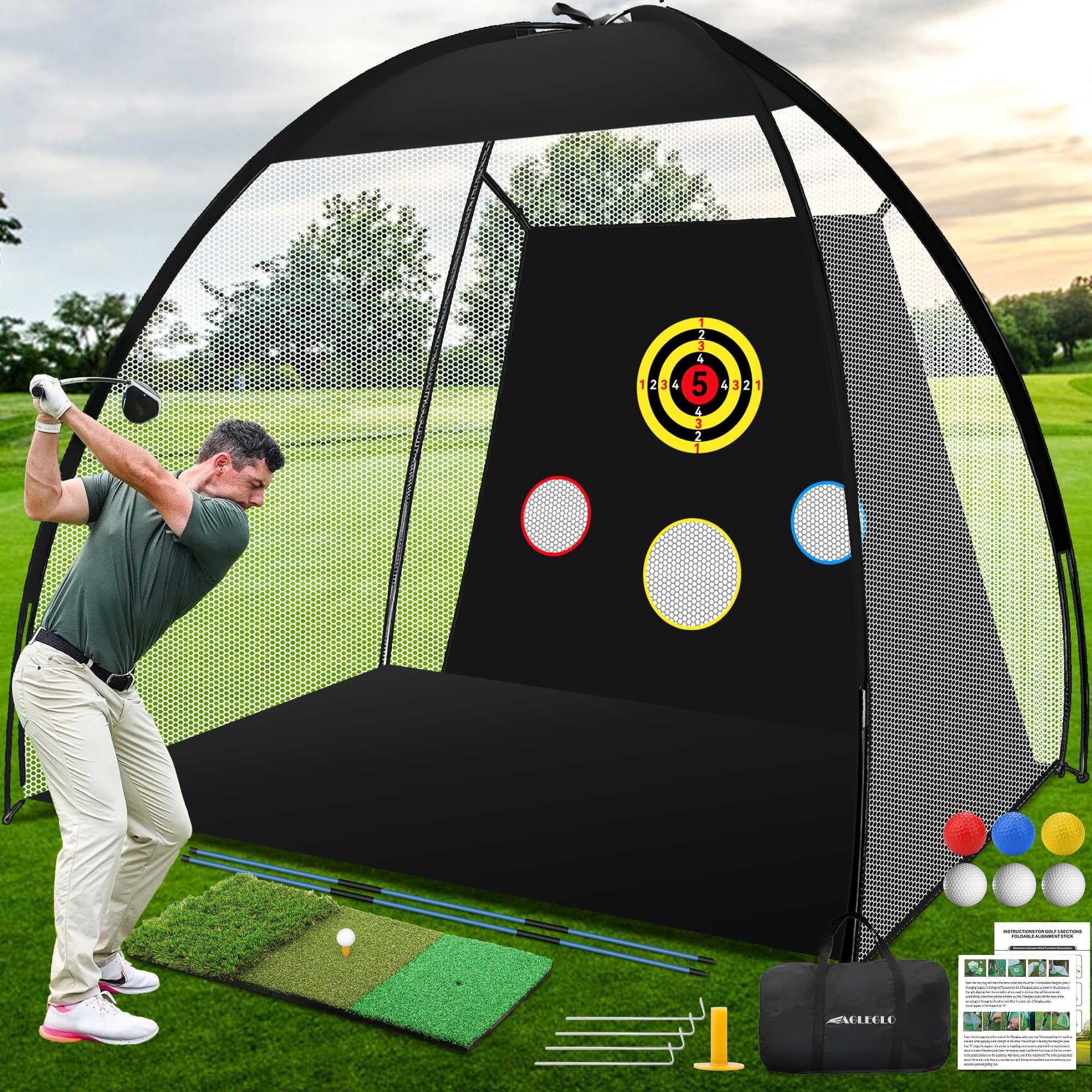 10x7ft Golf Practice Net with Mat & Alignment Sticks - Quick Setup Indoor/Outdoor Driving & Chipping Net - Perfect for Backyard, Garage & Golf Course Training - Durable Golf Accessories for Men & Women