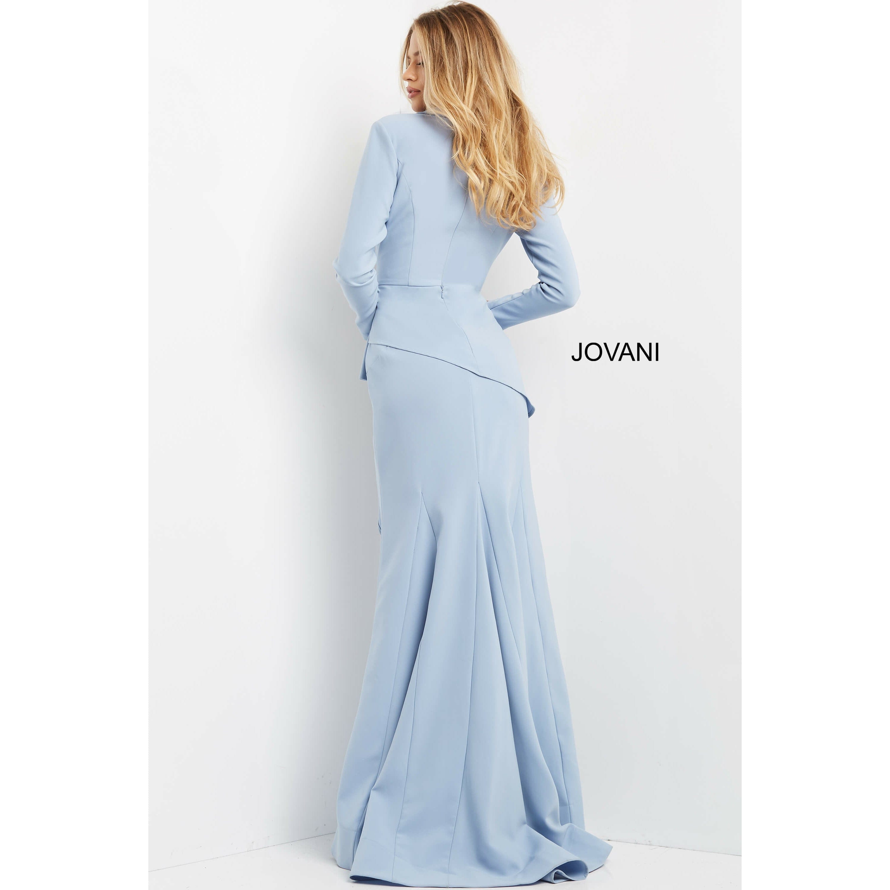 Jovani 07242 Light Blue Low V-Neck Fitted Evening Dress for Prom, Homecoming & Formal Events | Elegant Bodycon Gown for Women