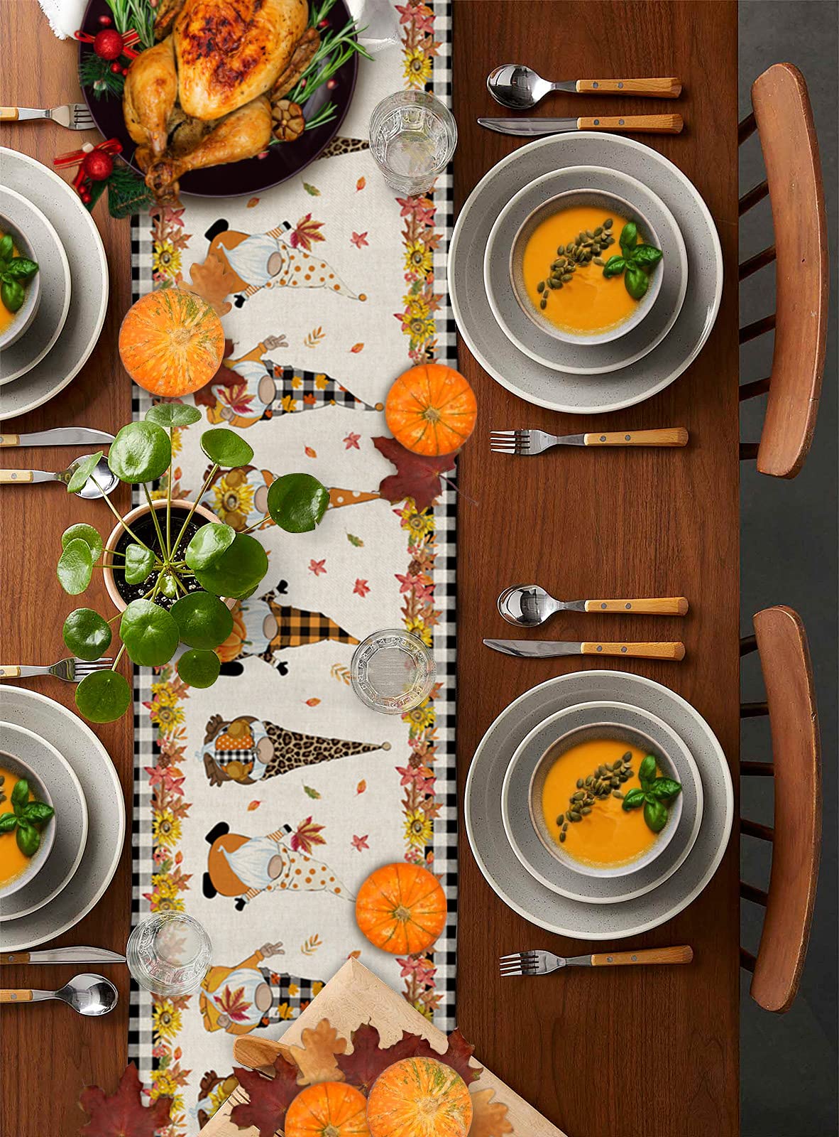 Farmhouse Cotton Linen Table Runner 18x72 Inches - Heat-Resistant Holiday Dining Table Decor for Thanksgiving, Christmas, Wedding & Party - Sunflower Pumpkin Gnome Design - Perfect for Dining Room, Buffet Table & Seasonal Home Decor