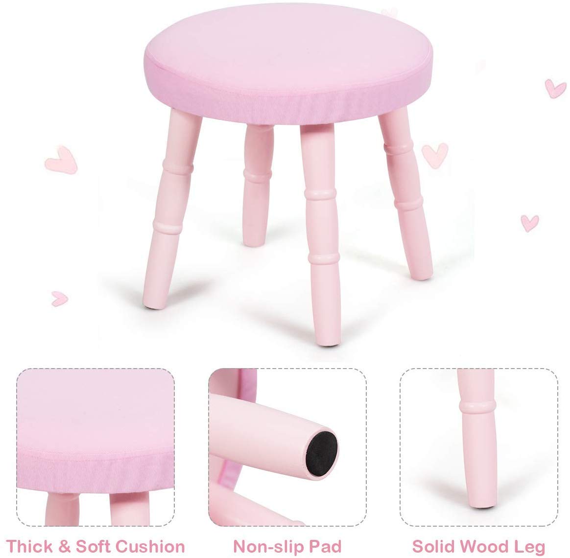 GOFLAME Pink Wooden Princess Vanity Set for Girls - Kids Dressing Table with Real Mirror, Makeup Play Set, Pull-Out Drawer & Cushioned Stool - Perfect for Pretend Play, Birthday Gifts & Bedroom Decor