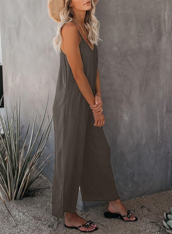 Dokotoo Women's Loose Sleeveless Jumpsuit with Adjustable Spaghetti Straps & Pockets - Stretchy Long Pant Romper for Summer, Beach, Travel & Casual Wear