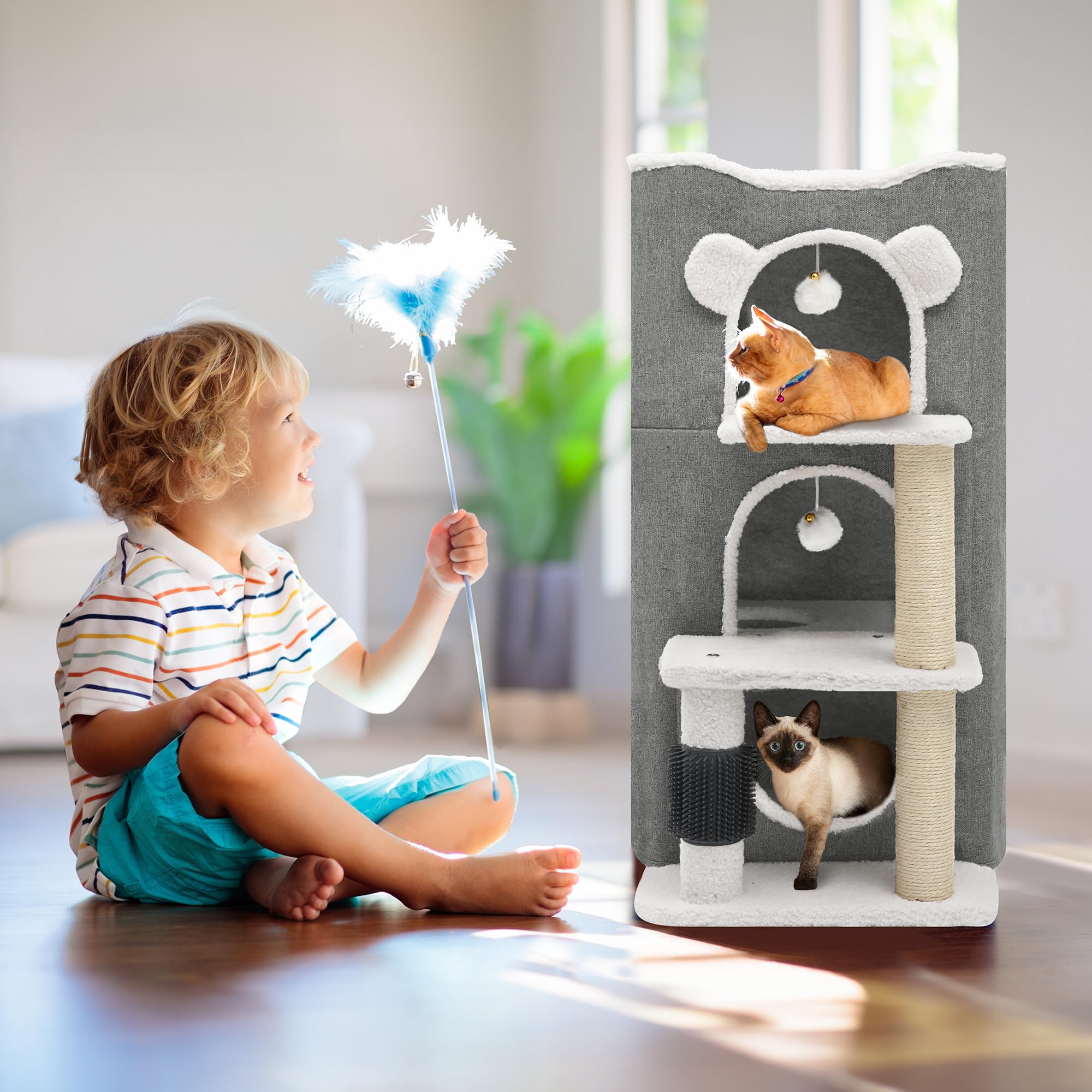 YIATHOME 3-Level Cat Tree House with Scratching Post & Playhouse - Modern Cat Condo for Indoor Cats, Multi-Level Cat Tower with Highway Cave, Climbing Stand & Cozy Cat Bed - Perfect for Kittens & Adult Cats - Great for Small Spaces, Apartments & Playrooms