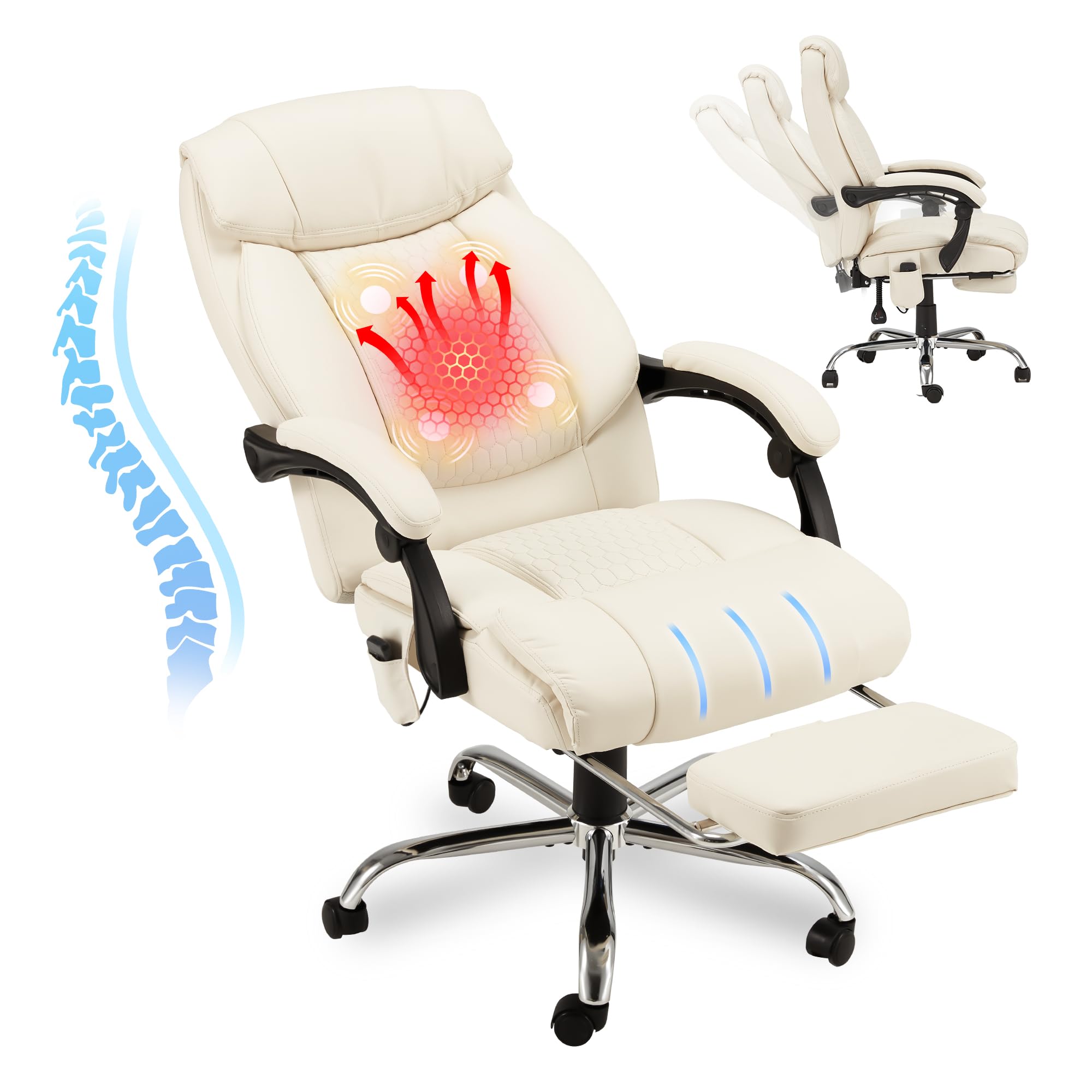 HOMREST Ergonomic Reclining Office Chair with 4-Point Massage & Heating - Adjustable Executive Chair with Retractable Footrest - Comfortable Computer Desk Chair for Home Office, Gaming & Work - Beige
