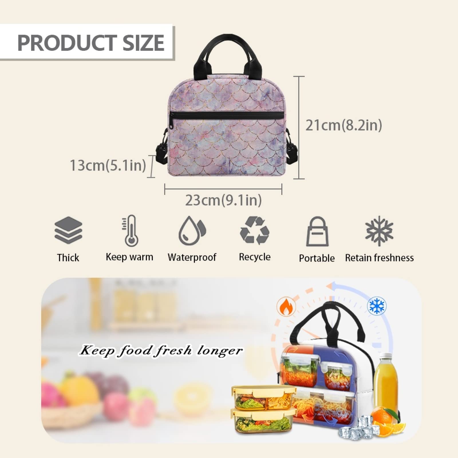 Cute Insulated Lunch Bag for Women & Kids - Reusable Kawaii Lunch Box with Strap & Pockets, Soft Waterproof Tote for School, Office, Picnic & Travel | Bengbobar Mermaid Design