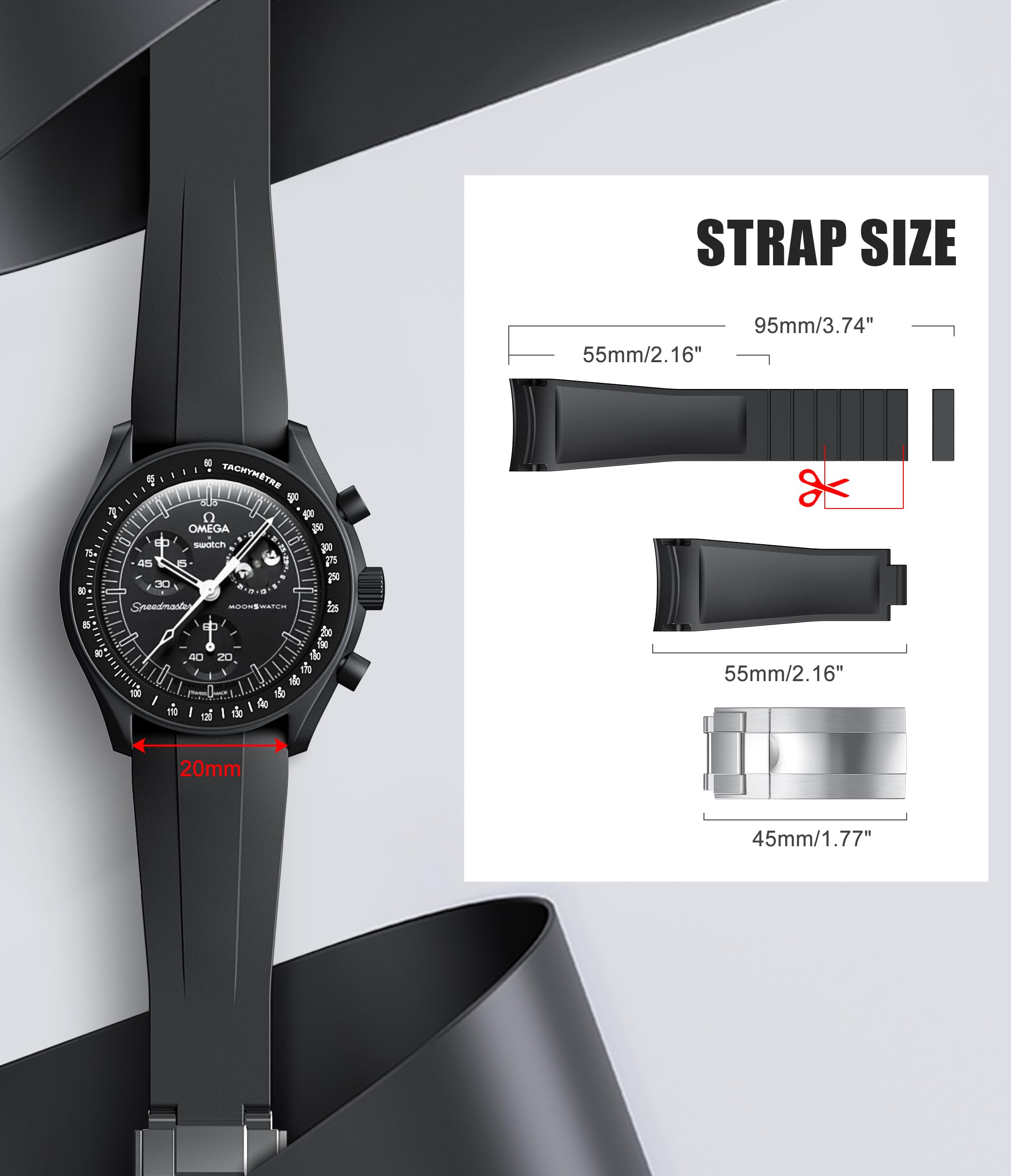 Cut to Size No Gap 20mm Silicone Strap for Omega x Swatch Moonswatch Speedmaster - Soft Curved Replacement Watch Band for Men & Women - Perfect for Sports, Casual & Daily Wear
