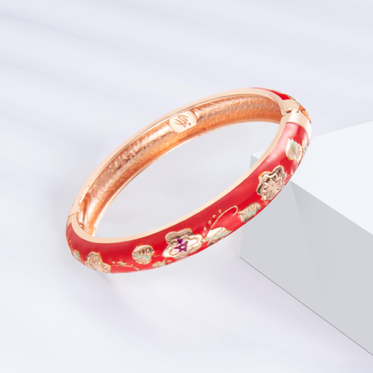Vintage Cloisonne Enamel Flower Bracelet for Women - Gold Plated Cuff Bangle with Gift Box | Elegant Boho Jewelry for Parties, Weddings & Special Occasions