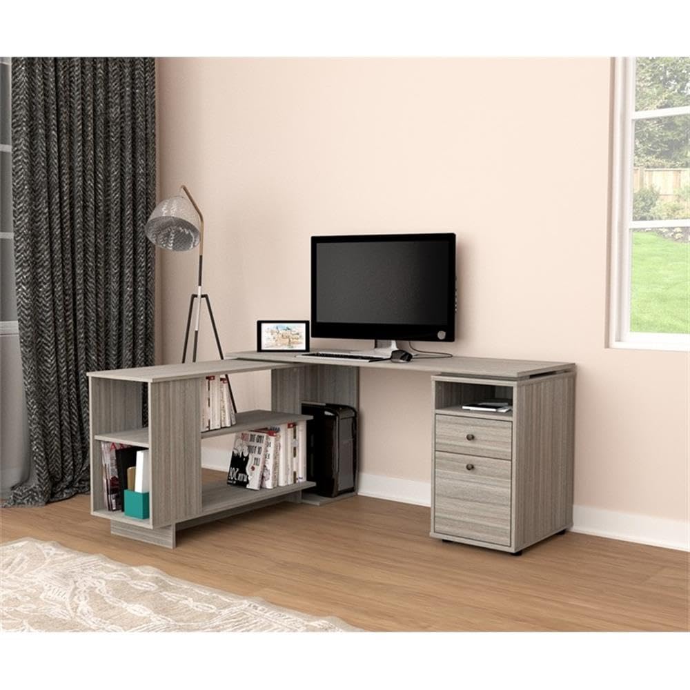 Inval America L-Shaped Reversible Computer Desk - Engineered Wood Home Office Desk in Gray | Space-Saving Corner Desk for Small Office, Gaming & Study Room