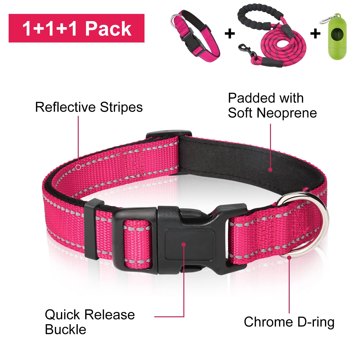 Dynmeow Reflective Dog Collar and Leash Set - 6FT Strong Climbing Rope Leash with Padded Handle, Adjustable Pet Collar with Soft Neoprene Padding for Small & Medium Dogs - Hot Pink (Size S) - Perfect for Night Walks, Hiking & Outdoor Adventures
