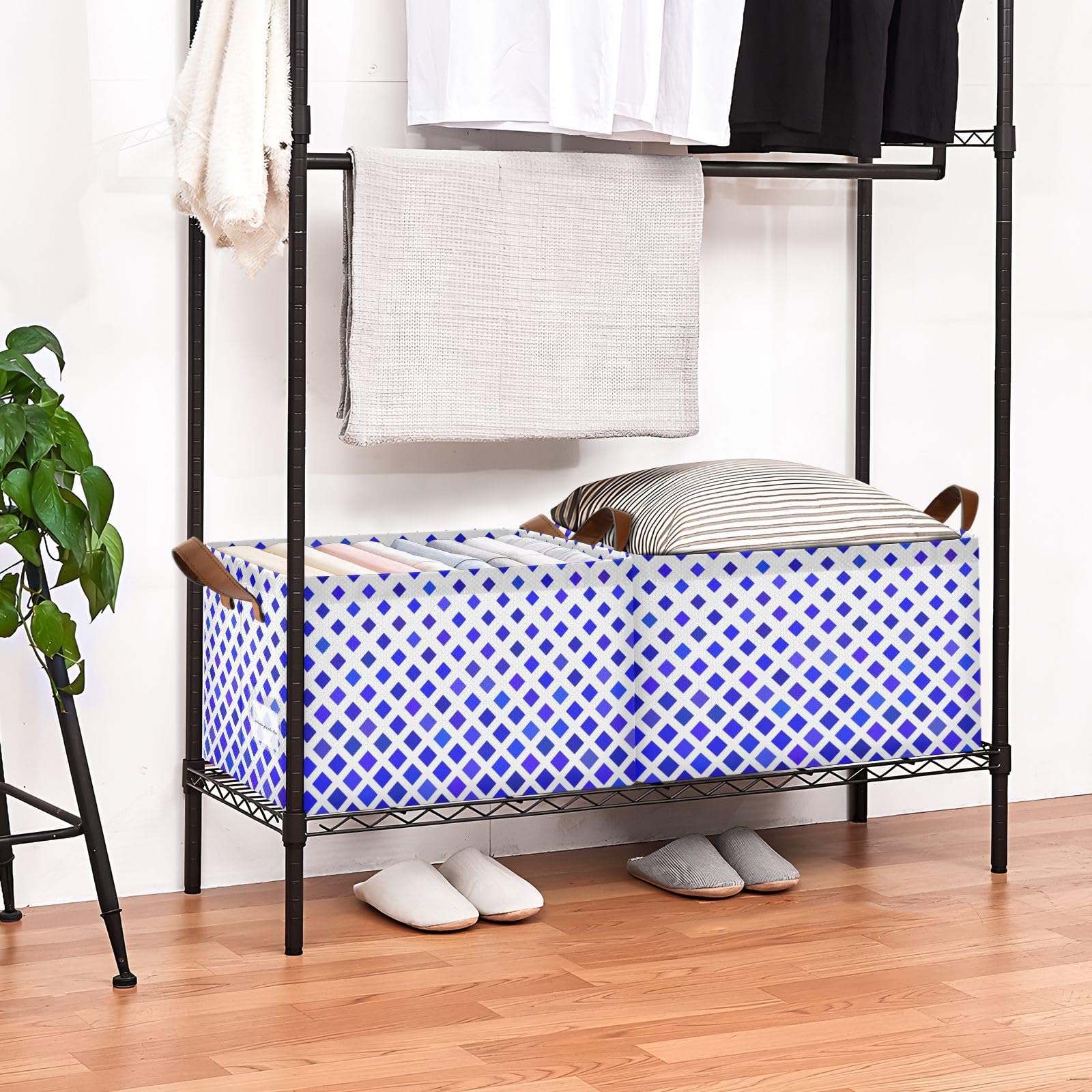 Blue Plaid Storage Baskets with Handles - 2 Pack for Closet, Playroom & Office