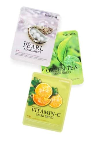 Baroness Whiteing Glowing Sheet Mask Combo - Pearl, Green Tea & Vitamin C, Pack of 6 Masks for Brightening & Hydrating Skin | Perfect for Daily Skincare Routine & Spa Night