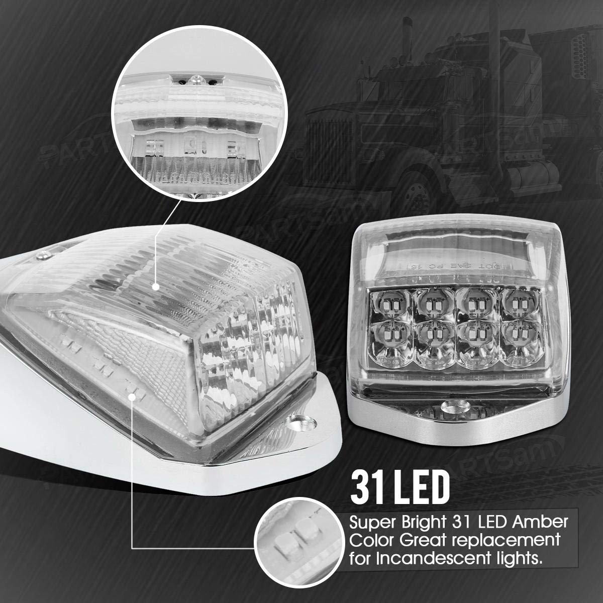 Partsam 5-Piece Clear Lens 31-LED Amber Cab Marker Roof Running Lights with Chrome Base - Compatible with Peterbilt, Kenworth, Freightliner, Western Star, Mack, International & Paccar Semi Trucks - Ideal for Truck Roof Safety Lighting & Night Visibility
