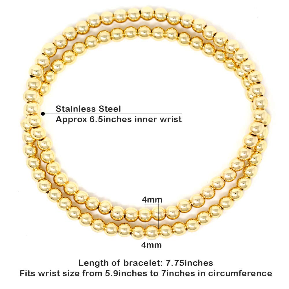 SM Stainless Steel Gold Silver Rose Gold Beaded Ball Bracelets 4PCS Set for Women - Stretchable Elastic Bracelet (4mm+3mm) - Perfect for Casual Wear, Parties & Gifts