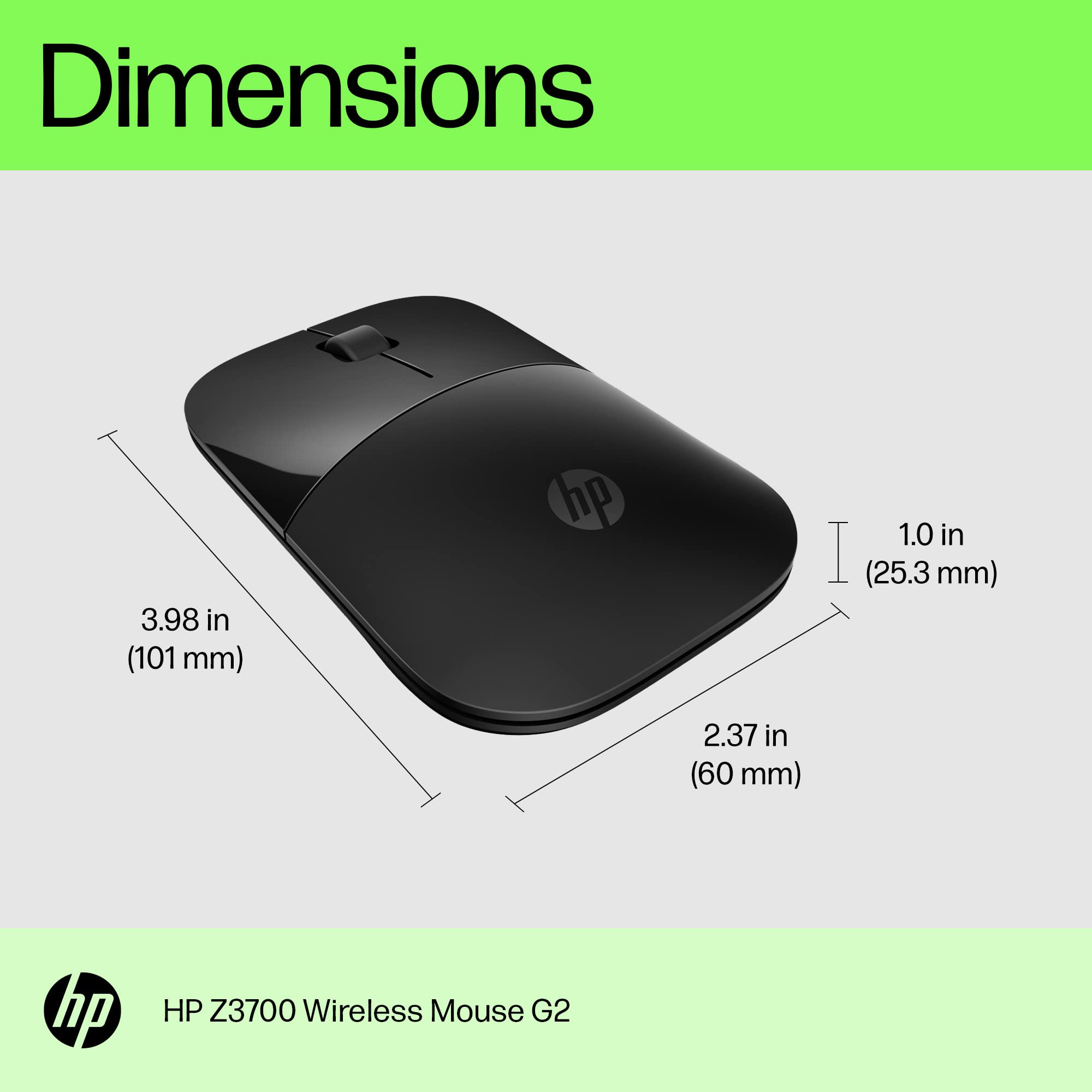 HP Z3700 G2 Wireless Mouse - Onyx Black, Slim Portable Design with 2.4GHz Wireless & Blue Optical Sensor for PC, Laptop, Mac, Chromebook | Ergonomic Comfort for Office, Home & Travel Use (681R7AA#ABL)