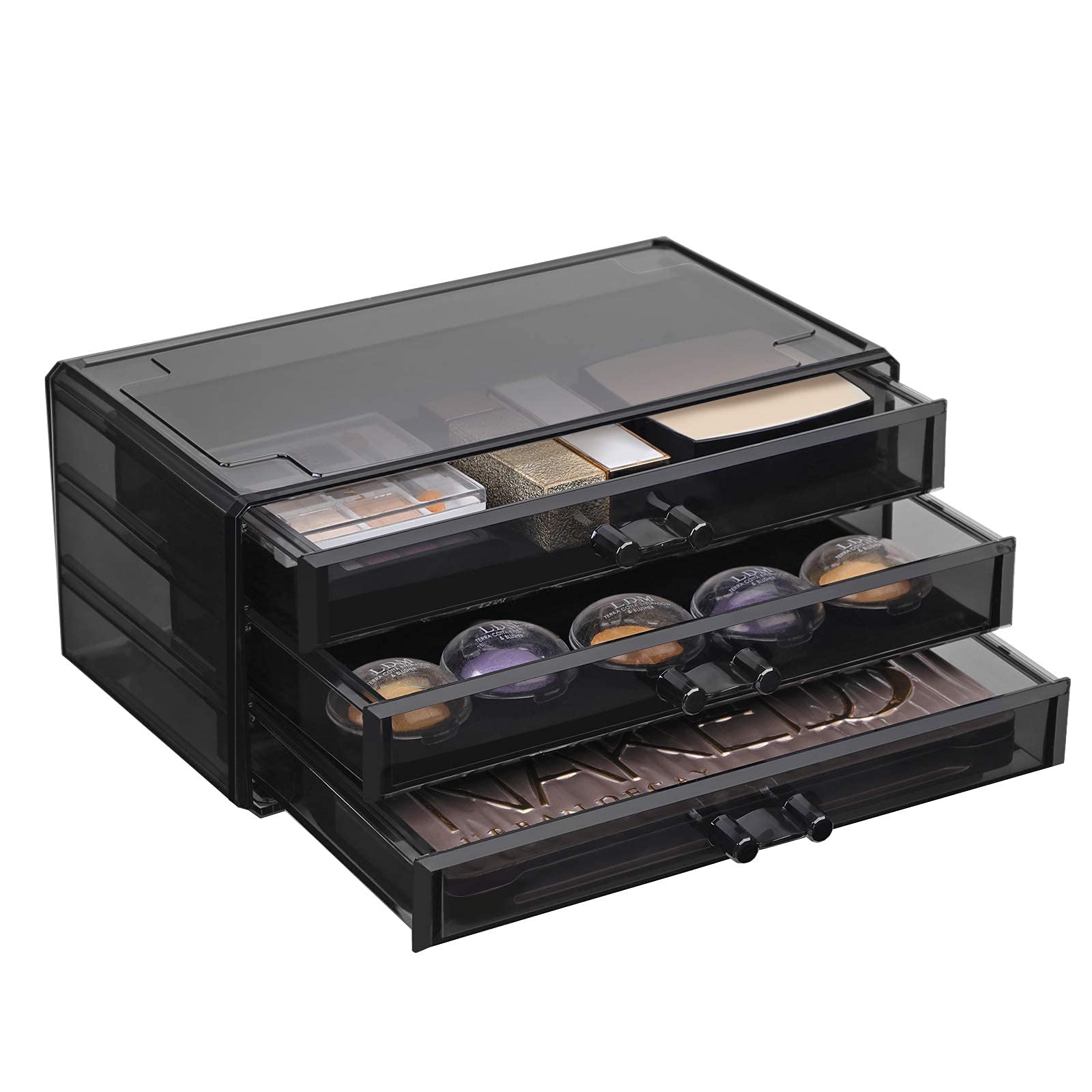 SONGMICS Large Acrylic Makeup Organizer with 6 Stackable Drawers - Cosmetic Storage Box for Eyeshadow Palette, Brushes, Foundation, Lipstick, Nail Polish - Perfect for Vanity, Bathroom & Travel (Black, JKA009BK)