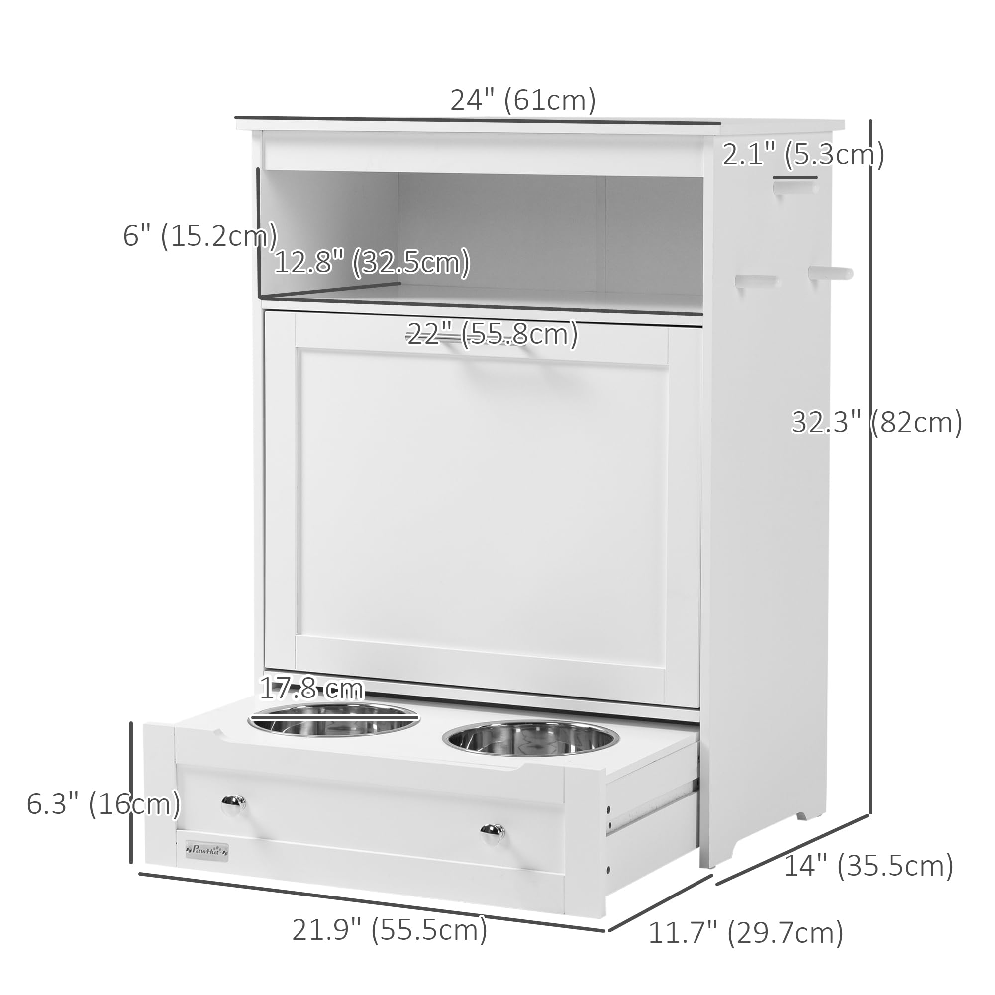 PawHut Elevated Dog Feeding Station with Food Storage Cabinet - Includes Raised Bowls & Hanger for Pet Food & Water Supplies - Perfect for Kitchen, Laundry Room or Pet Feeding Area - White