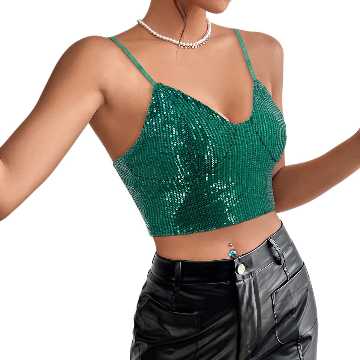 Sexy Sequins Tank Top for Women - Spaghetti Strap Crop Top, Sleeveless Tube Top, Tight Clubwear for Rave, Party & Night Out | Perfect for Concerts, Festivals & Clubbing