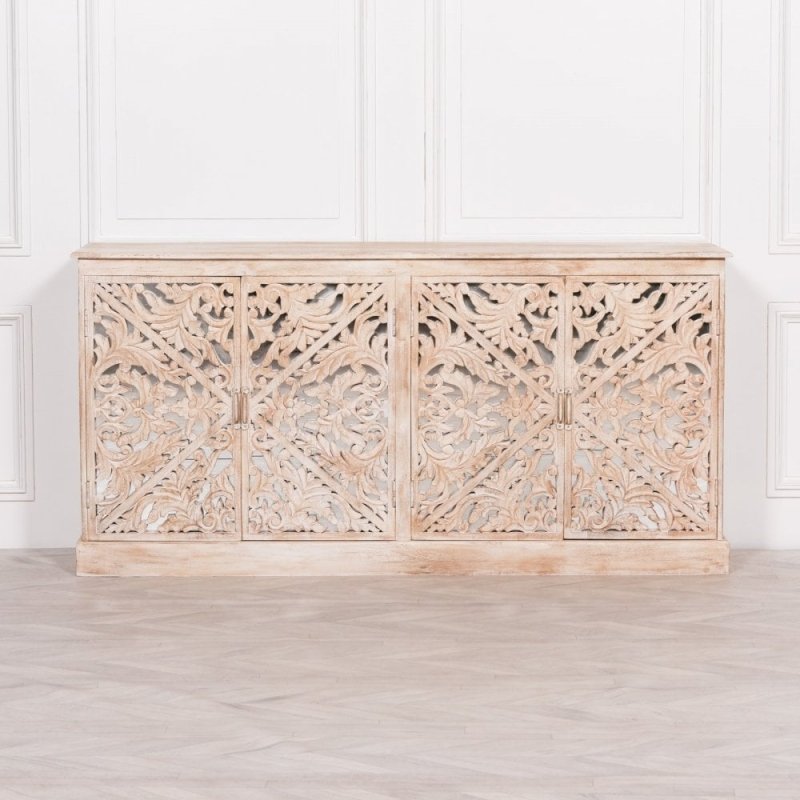 Hand Carved Solid Wooden Indian Buffet Cabinet - Traditional Handmade Wood Sideboard for Dining Room & Living Room Storage | Perfect for Home Decor, Entertaining & Displaying Fine China