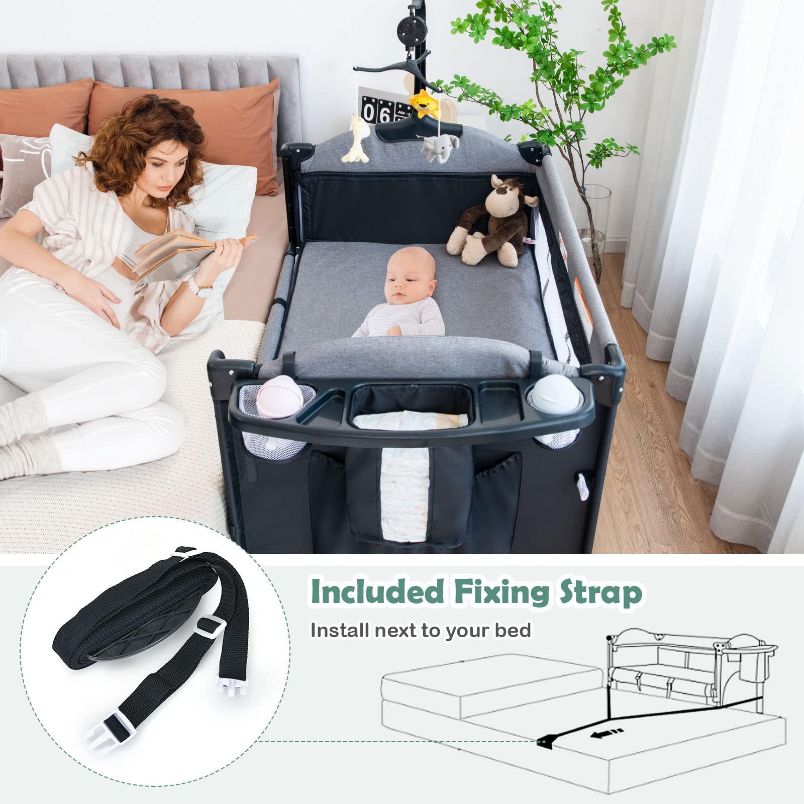 BABY JOY 5-in-1 Pack and Play with Bassinet | Convertible Baby Bedside Sleeper & Playard for Newborn to Toddler | Includes U-Shape Diaper Changer, Safety Strap, Music Box & Hanging Toys | Perfect for Nursery, Travel & Co-Sleeping