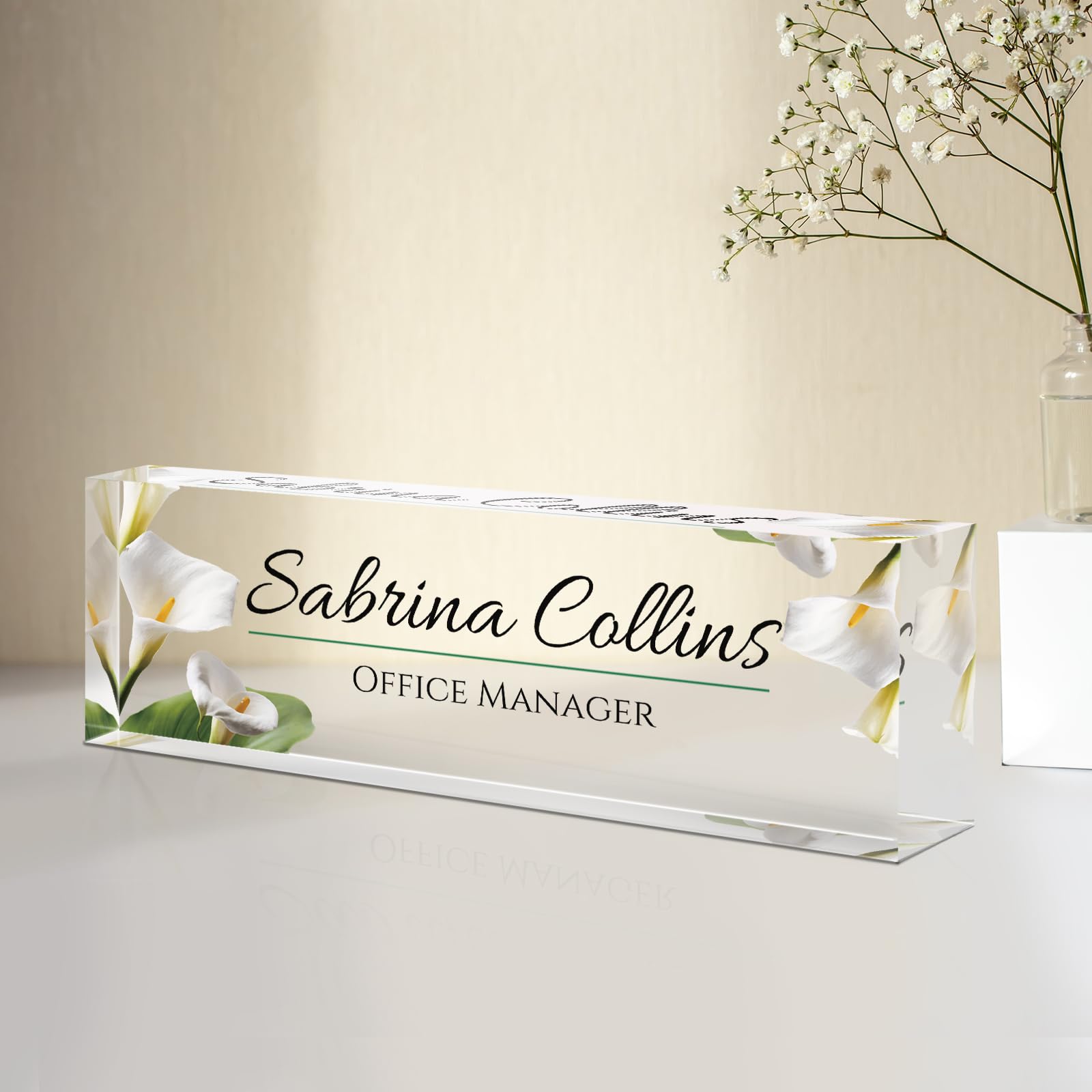 Personalized Acrylic Name Plate for Desk - Custom Office Name Sign for Employee Appreciation Gifts, Teacher Nurse Manager Boss - Elegant White Calla Design for Professional Workspace Decor & Office Accessories | Perfect for Corporate Gifts, Desk Organization & Workspace Branding