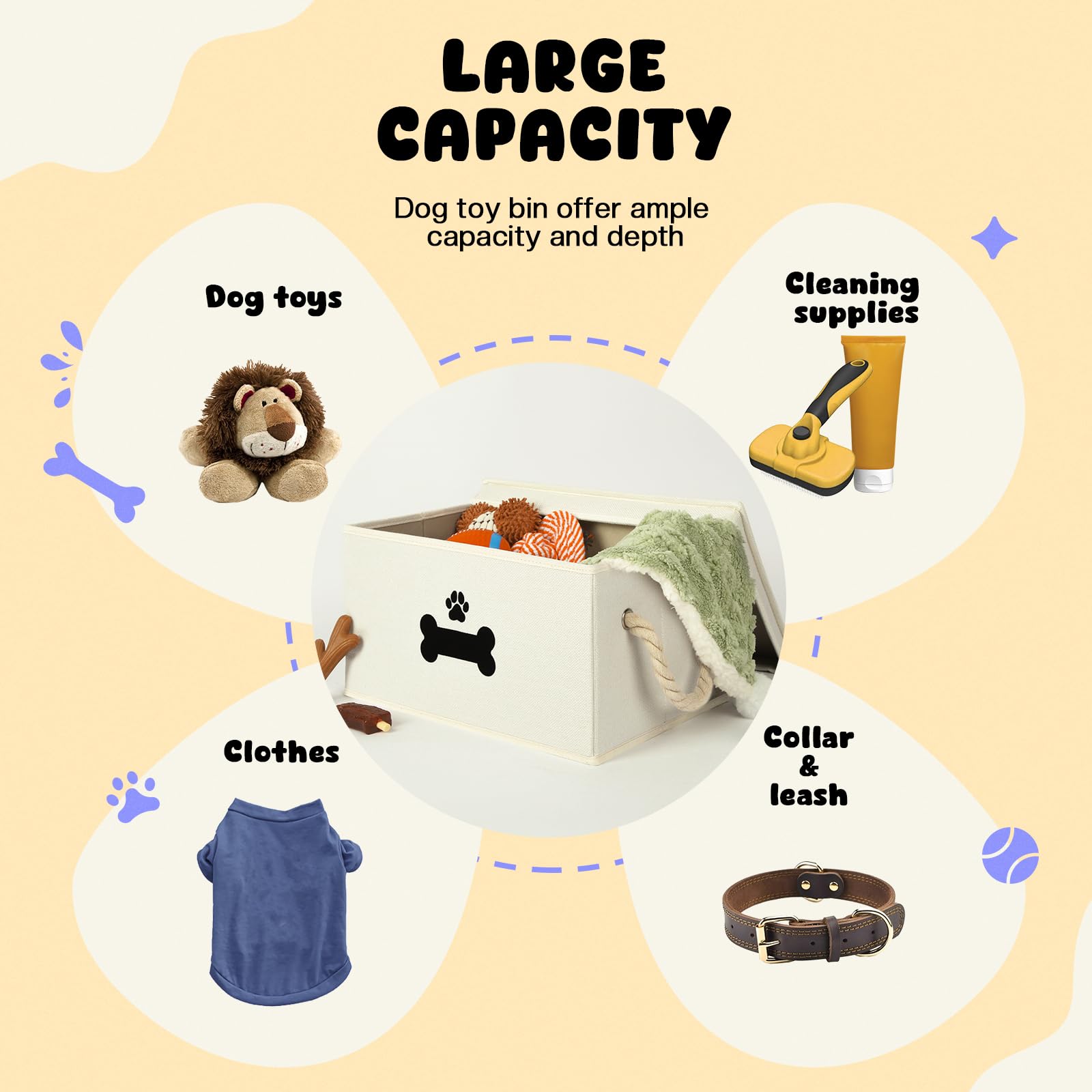 Collapsible Dog Toy Storage Basket with Lid & Cotton Rope Handles - Pet Toy Organizer Box for Living Room, Bedroom or Nursery - Beige Dog Toy Bin for Easy Organization