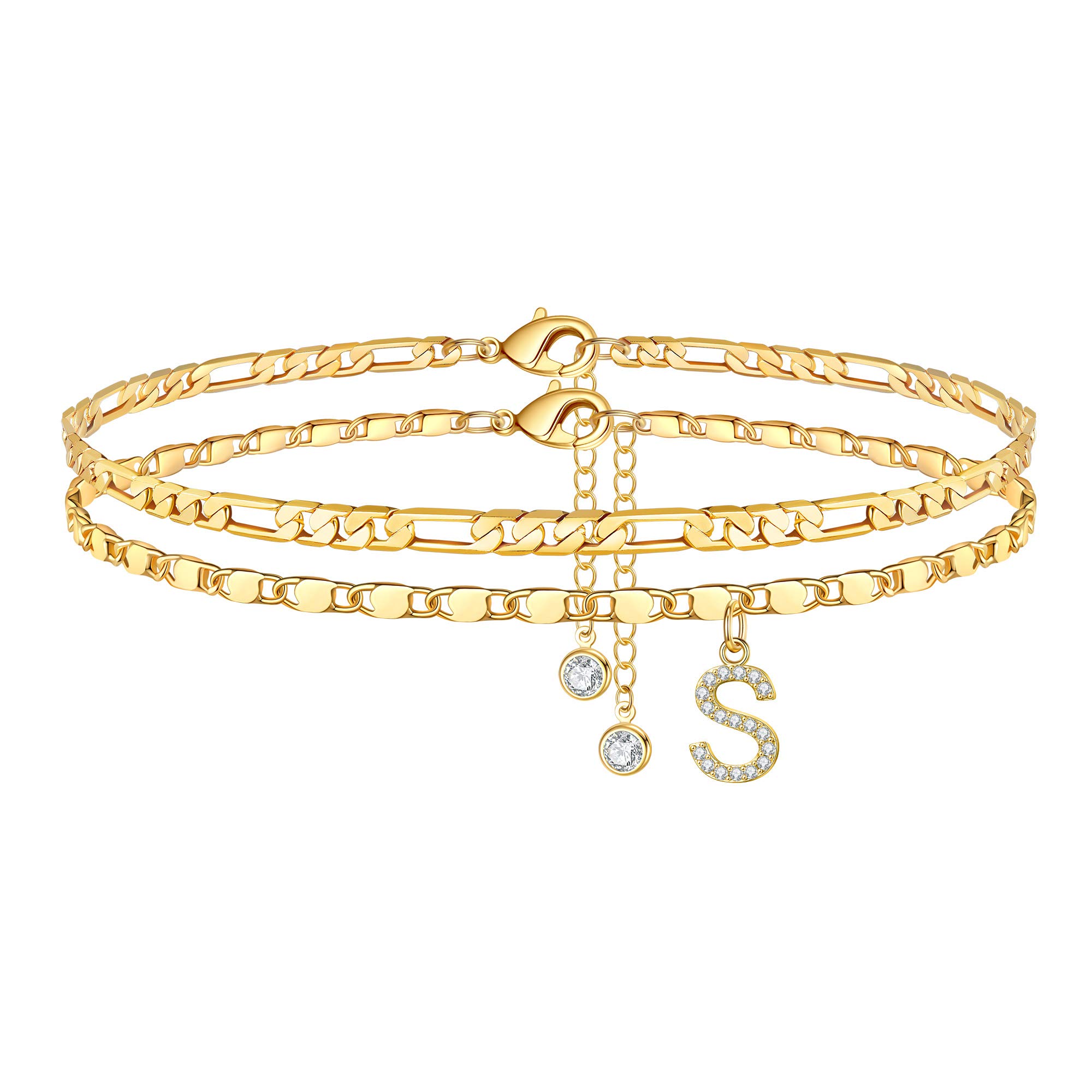 14K Gold Plated Dainty Ankle Bracelets for Women - Layered Chain CZ Initial Anklet Set | Summer Beach Jewelry Gifts | Perfect for Vacations, Weddings & Everyday Wear