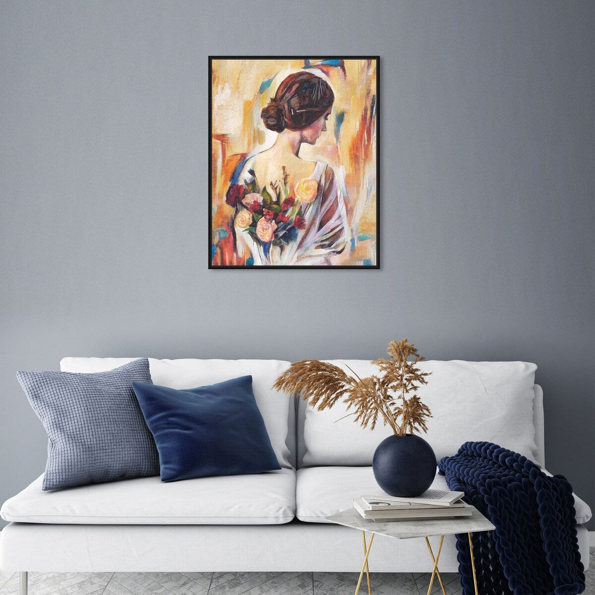 Modern White Framed Canvas Wall Art Print - Floral Back and Flowers Design for Women, Elegant Home Decor for Bedroom, Living Room & Office