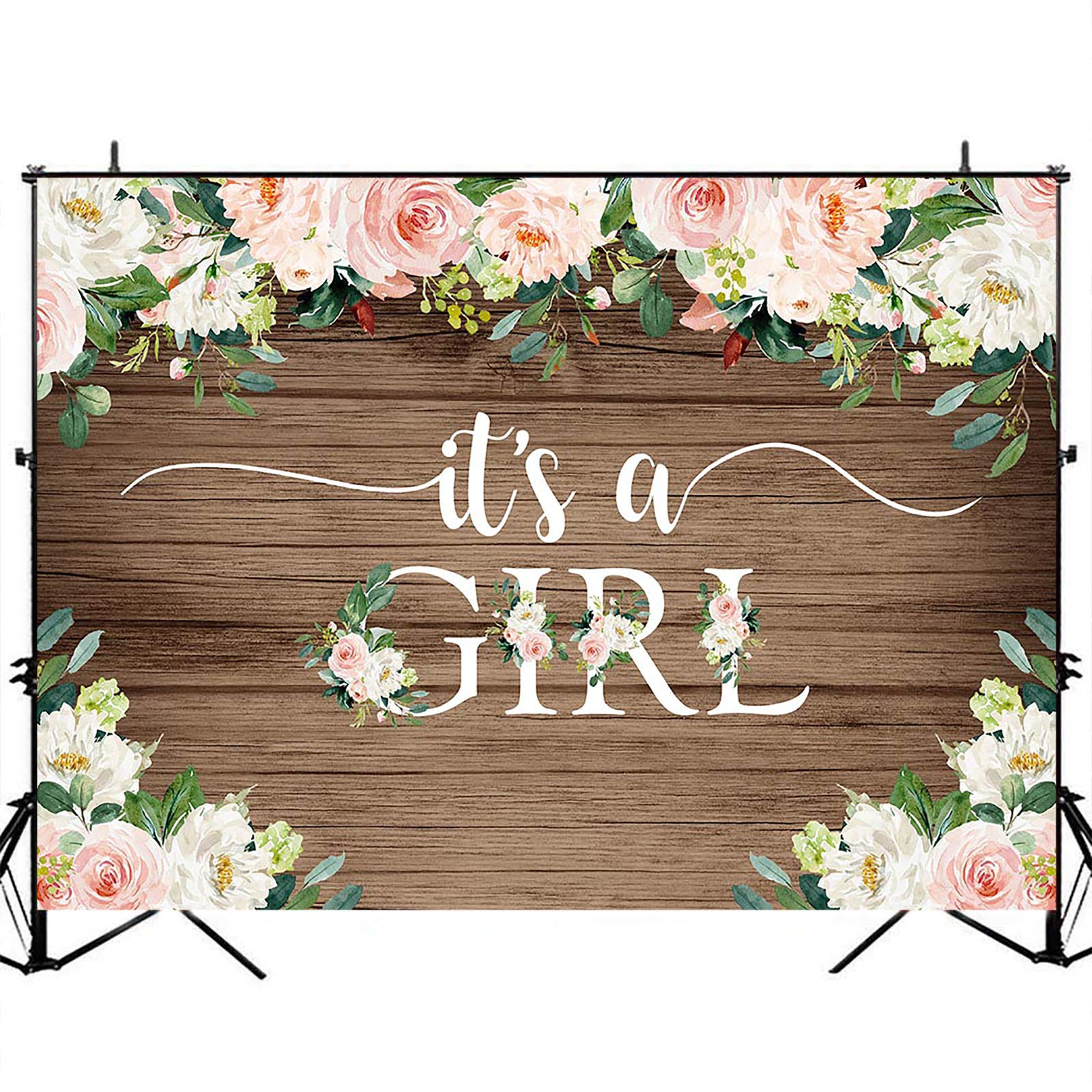Avezano Rustic Floral Baby Shower Backdrop - Brown Wood 'It's a Girl' Background for Baby Shower Decorations (5x3 ft) - Perfect for Gender Reveal Parties, Nursery Decor & Newborn Photography