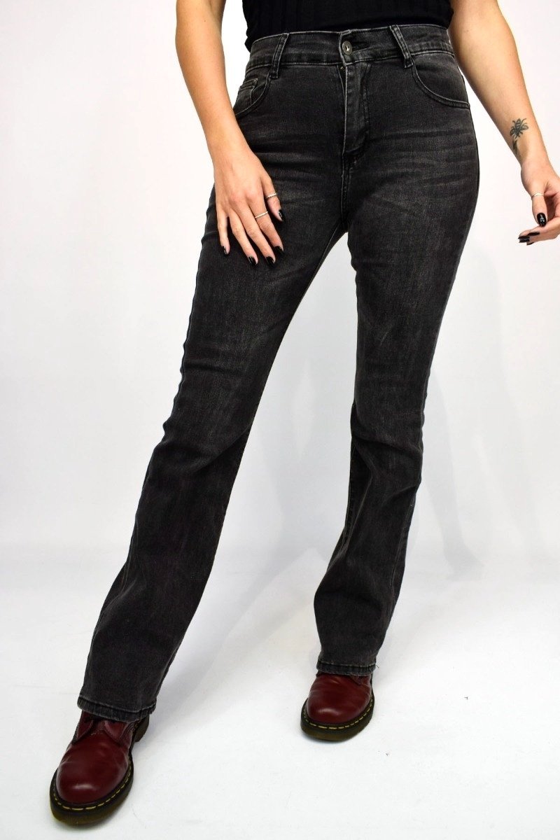 Stylish Charcoal Flared Jeans for Women - High Waist Stretch Denim Pants - Perfect for Casual Outfits, Date Nights & 70s Vintage Looks