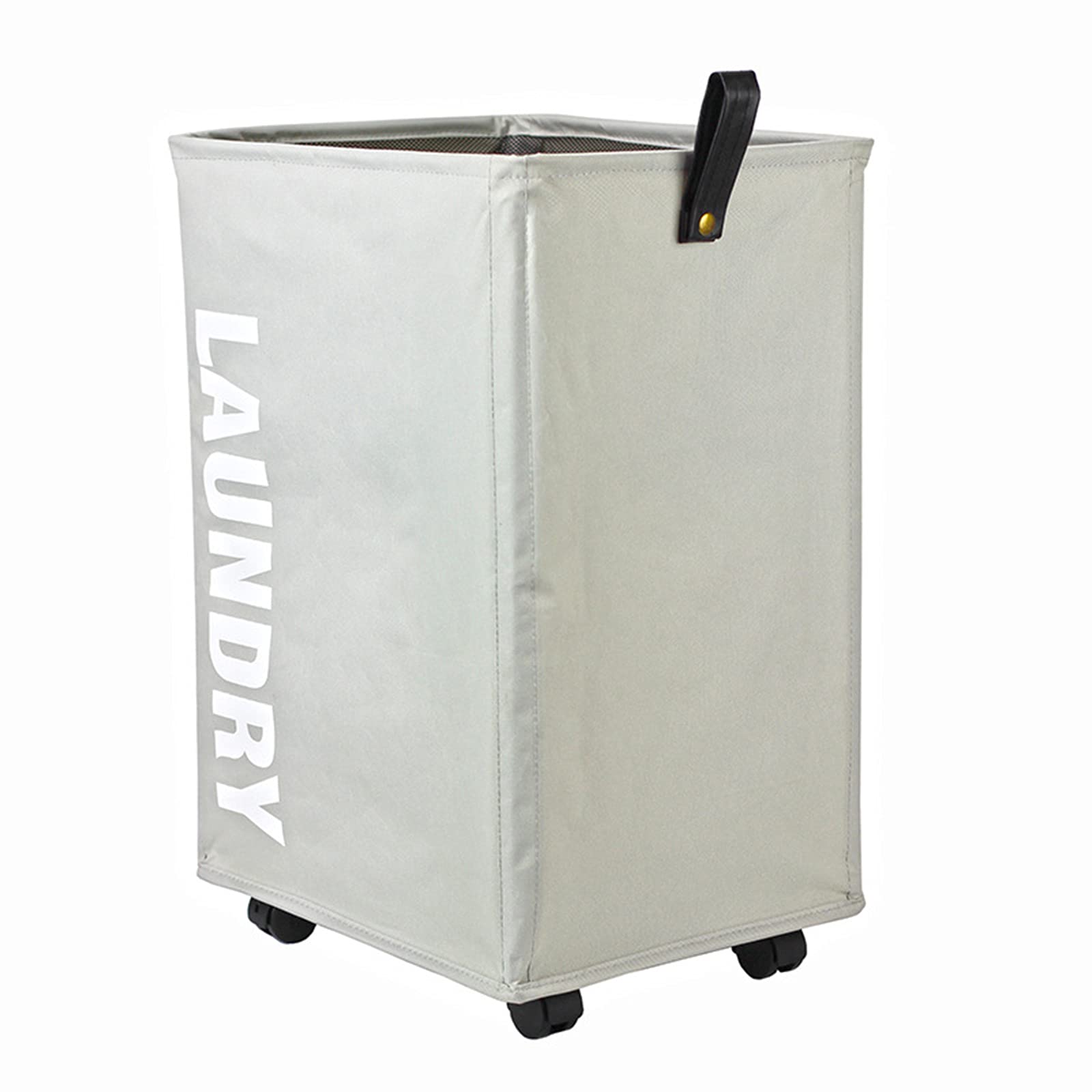 Foldable Rolling Laundry Hamper with Leather Handle - Collapsible Corner Storage Basket on Wheels for Bedroom, Bathroom & Closet Organization - Grey Fabric Hamper