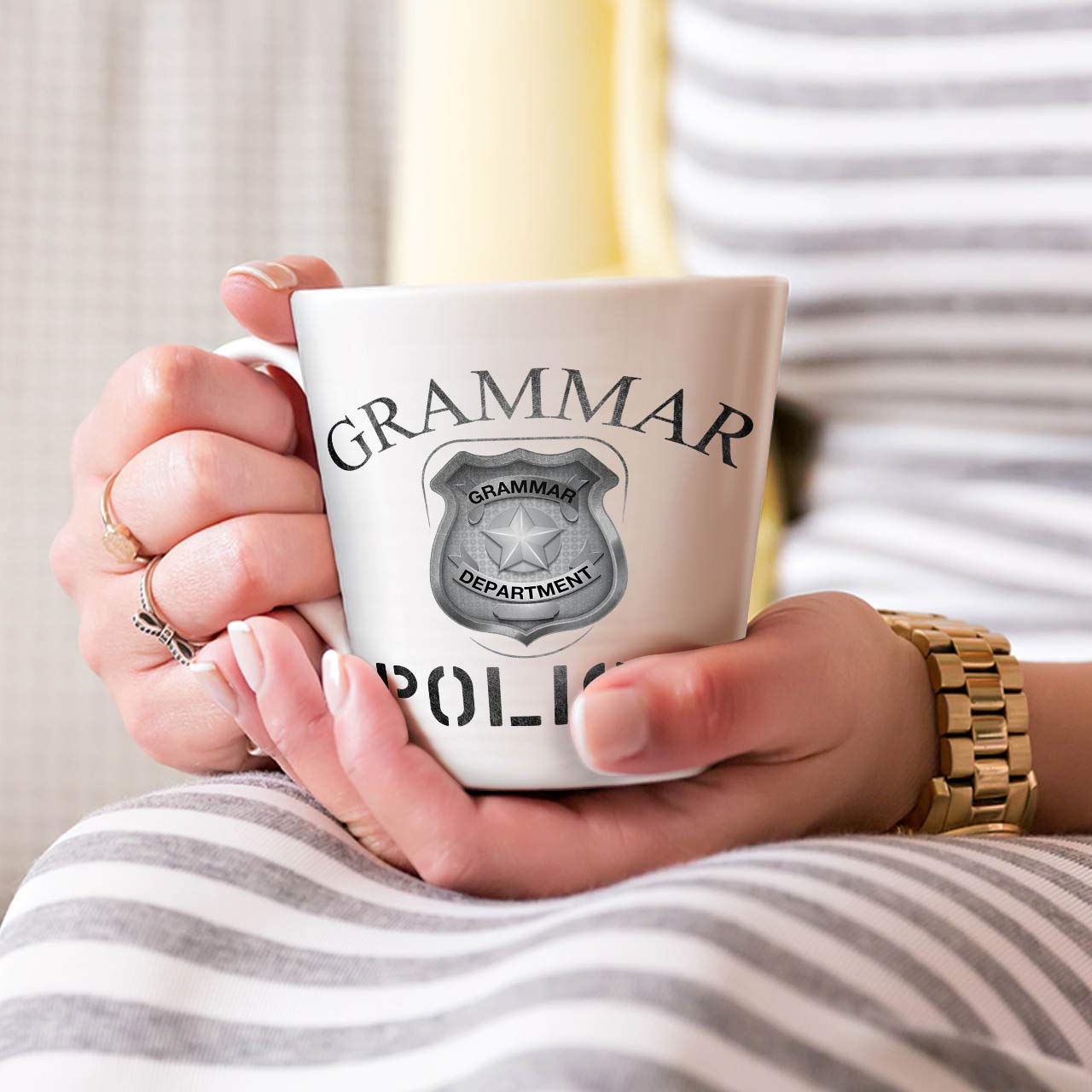 Funny Grammar Police Badge Latte Mug - Ceramic Coffee Cup with Comfortable Handle & Two-Sided Design by Wellcoda | Perfect Gift for Teachers, Writers & Grammar Lovers - Great for Office, Home & Coffee Shops