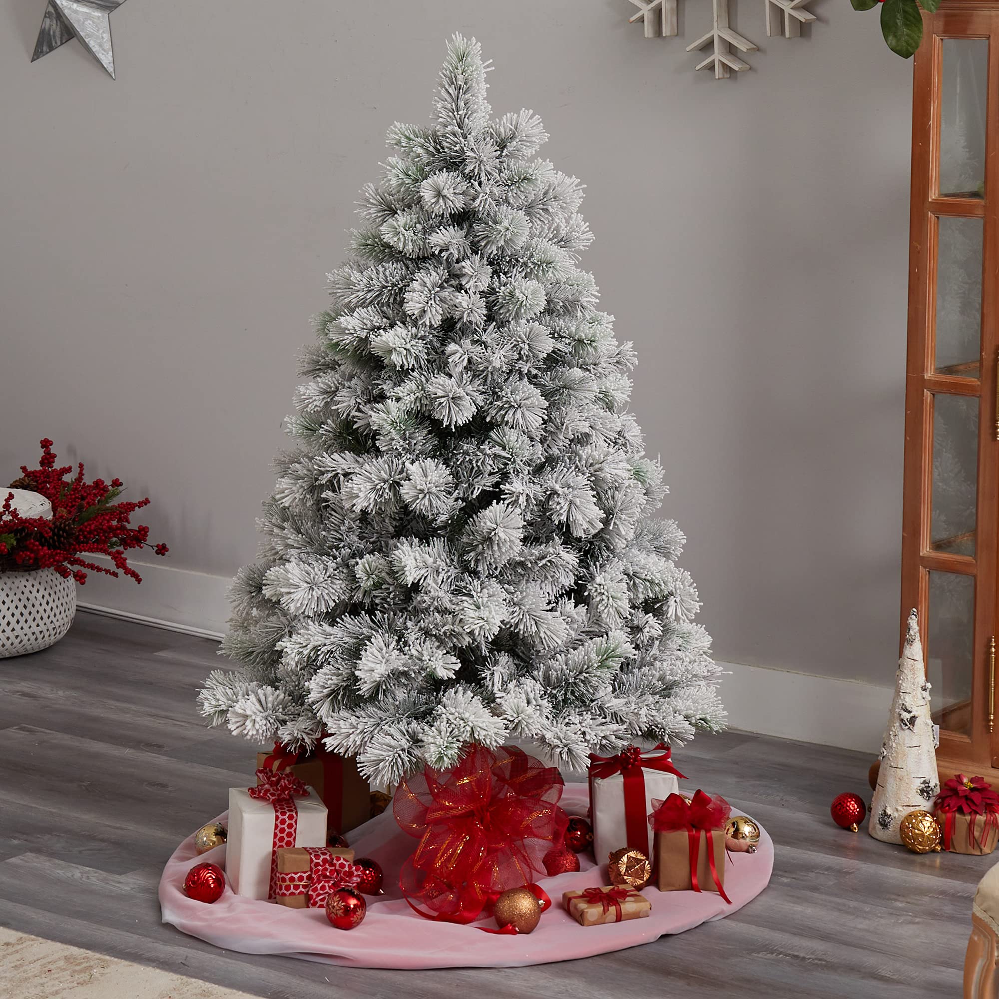 Nearly Natural 5ft Flocked Oregon Pine Artificial Christmas Tree with 200 Clear Lights & 347 Bendable Branches | Perfect for Home, Office, and Holiday Decorations