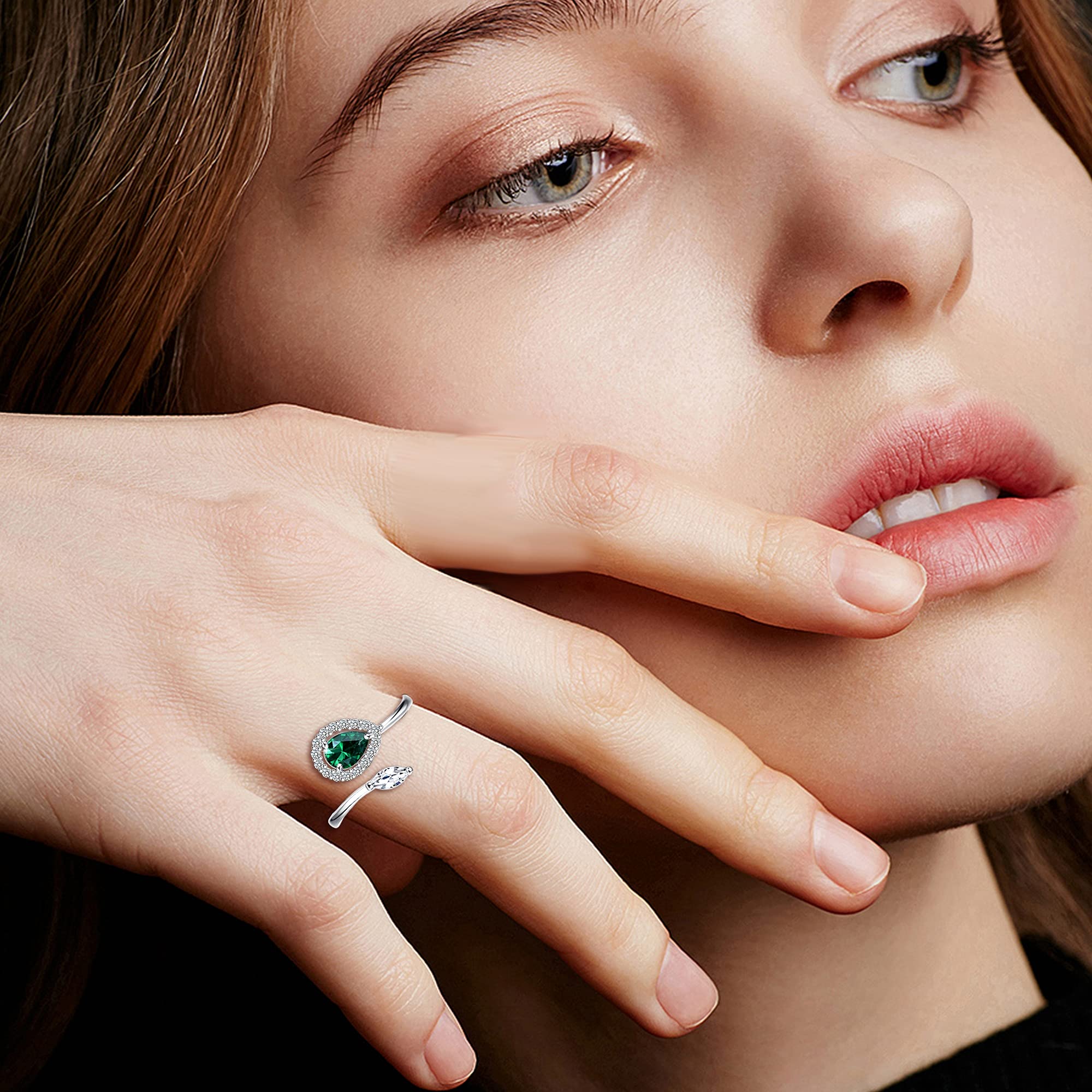 925 Sterling Silver Birthstone Rings for Women - Adjustable Teardrop CZ Engagement Rings, Mothers Day Birthday Christmas Gifts - Cubic Zirconia Open Thumb Rings for Everyday Wear & Special Occasions
