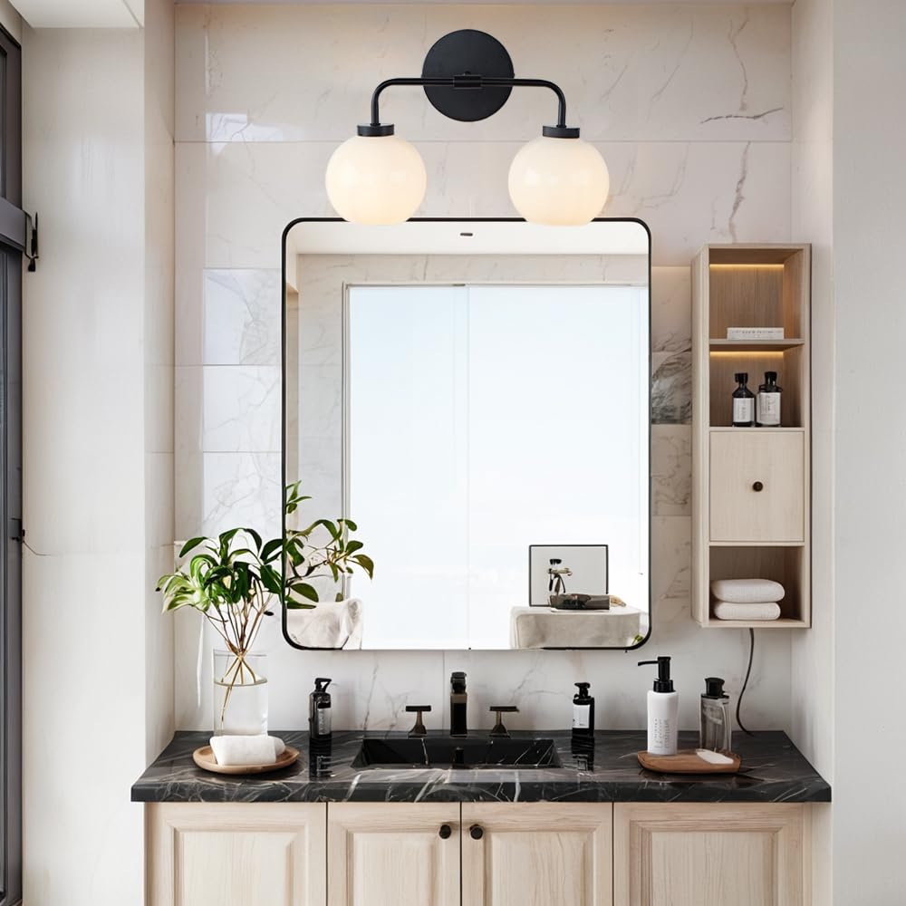 17 Inch Modern Glass Globe Double Sconce Wall Light - Matte Black Metal Finish with Hand-Polished Milky Glass Shade - Elegant Vanity Lighting for Bedroom, Bathroom & Over Mirror - Perfect for Indoor Home Decor & Ambient Lighting