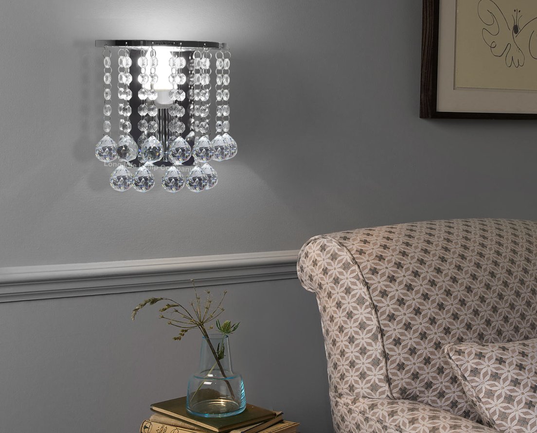 Modern Polished Chrome Crystal Droplet Chandelier - Elegant Candle Wall Light for Dining Room, Bedroom & Living Room Decor - Dimmable LED Lighting Fixture WDW86131CC