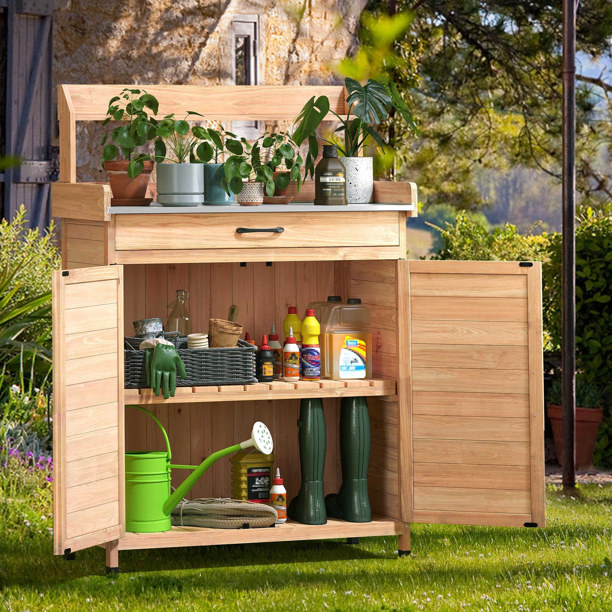 YITAHOME Solid Wood Outdoor Potting Bench with Storage Cabinet & Drawer - Rustic Garden Work Table with Galvanized Metal Top for Planting & Organizing - Perfect for Backyard Gardening, Greenhouse & Outdoor Workspace