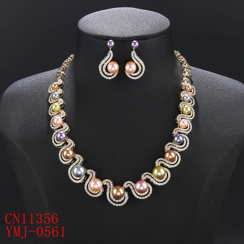 Luxury White Pearl Necklace & Earrings Set with Cubic Zirconia - Elegant Bridal Jewelry for Weddings, Parties & Special Occasions - Women's Fashion Jewelry CN11356